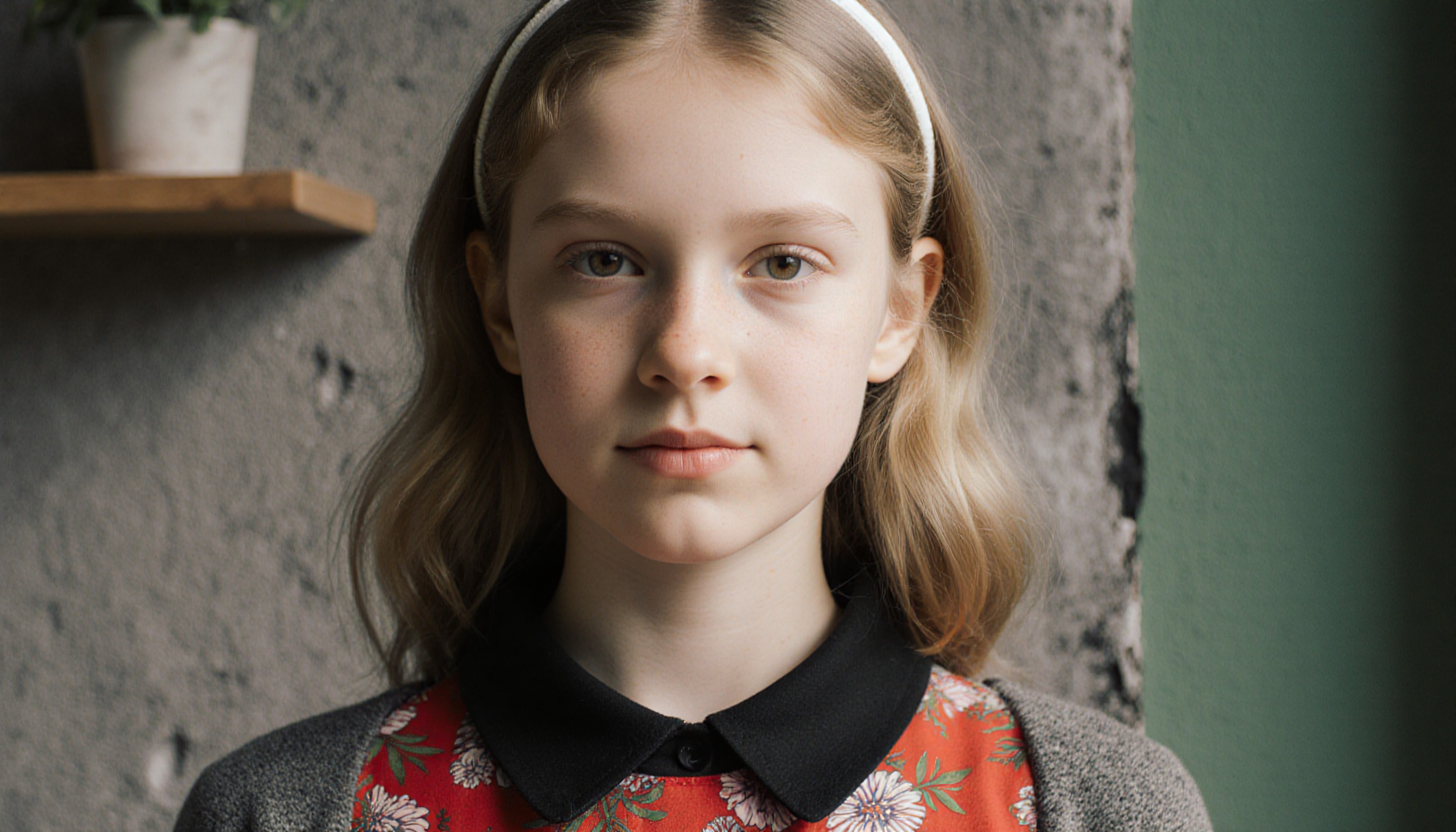 A serene portrait of a young girl wearing a floral dress with a headband, standing against a textured wall with a potted plant in the background.