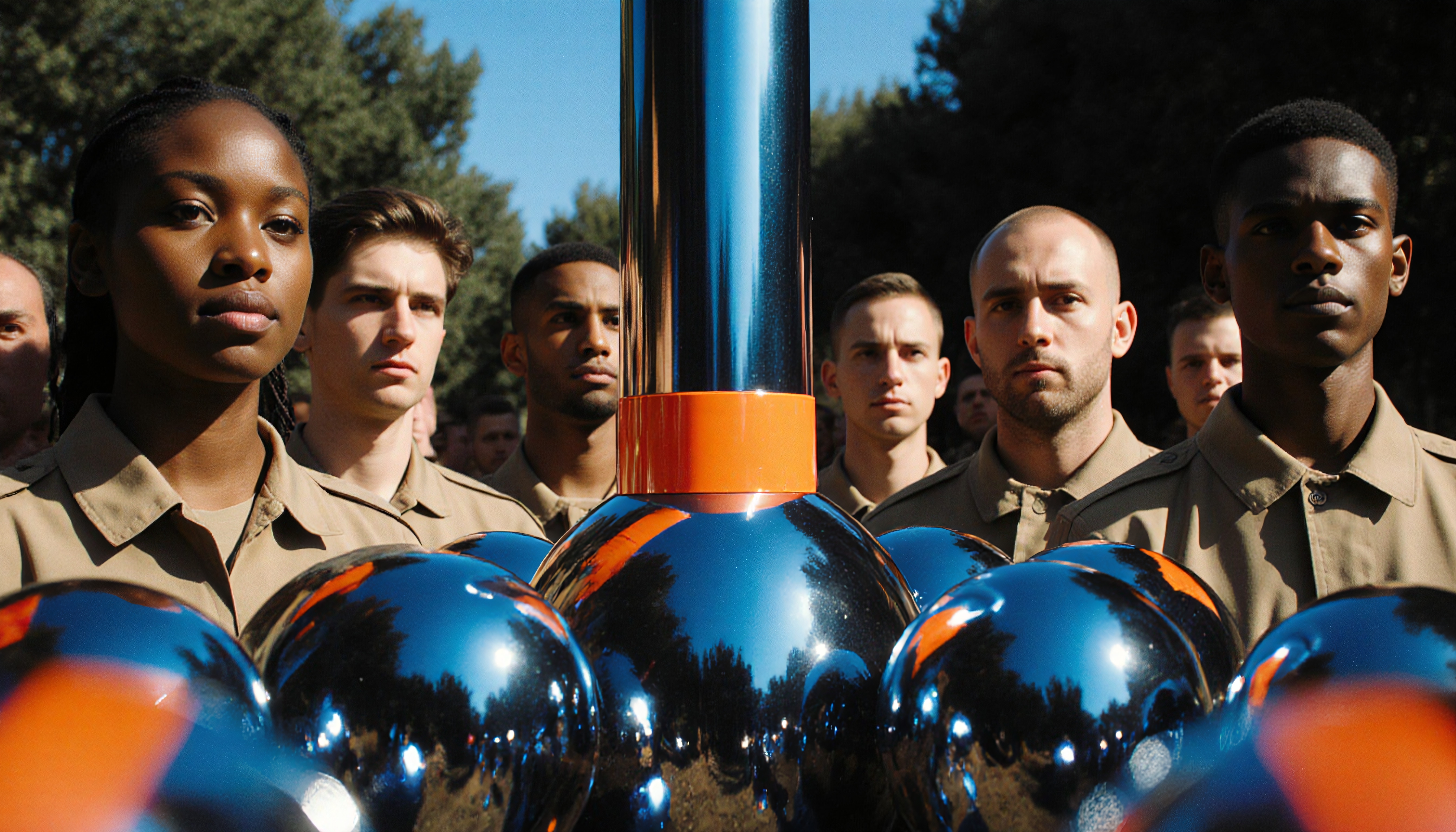 A group in uniform stands solemnly outdoors, reflecting off a metallic structure.
