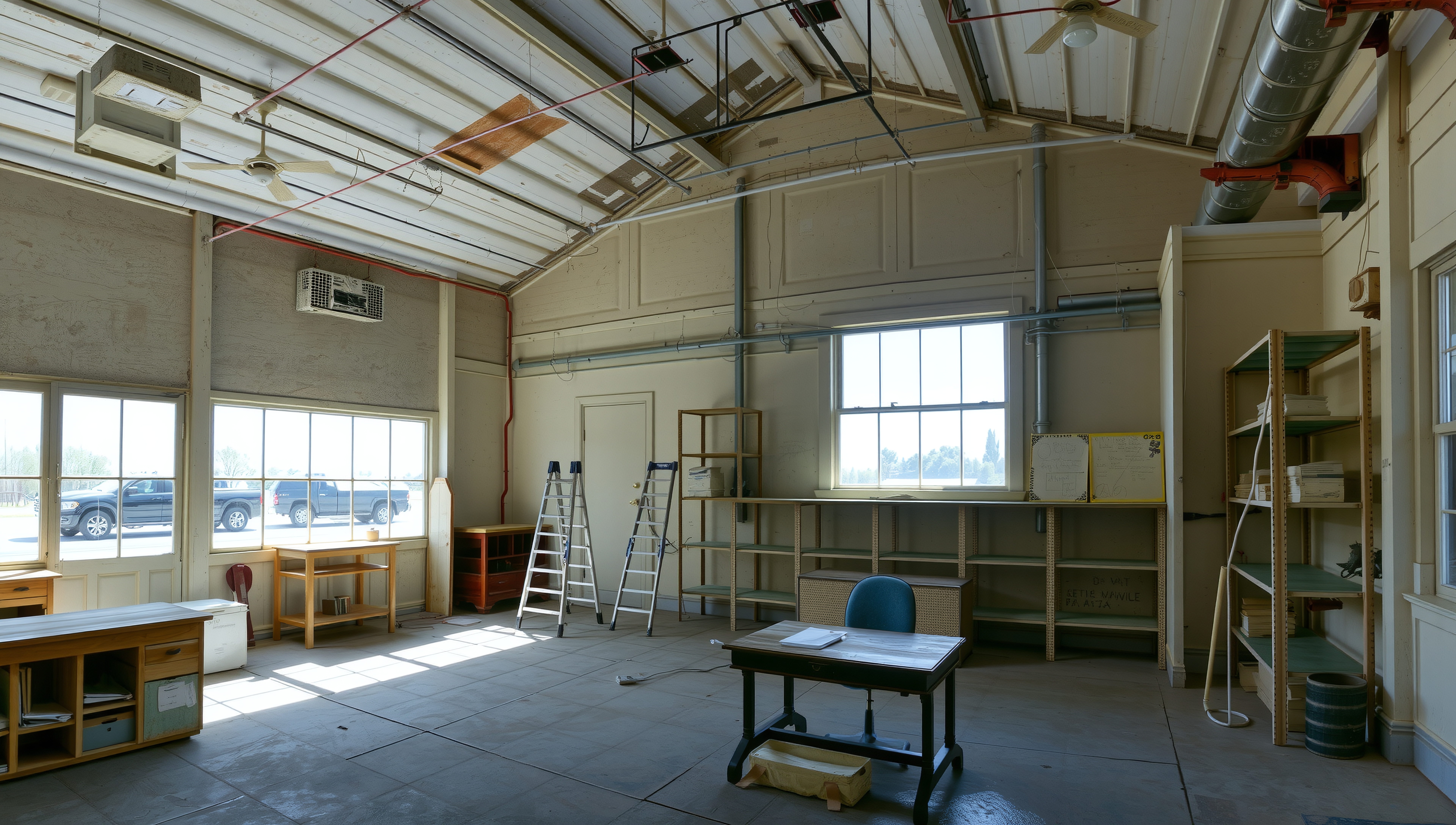 Spacious industrial-style room with large windows, metal ducts, and office furnishings.