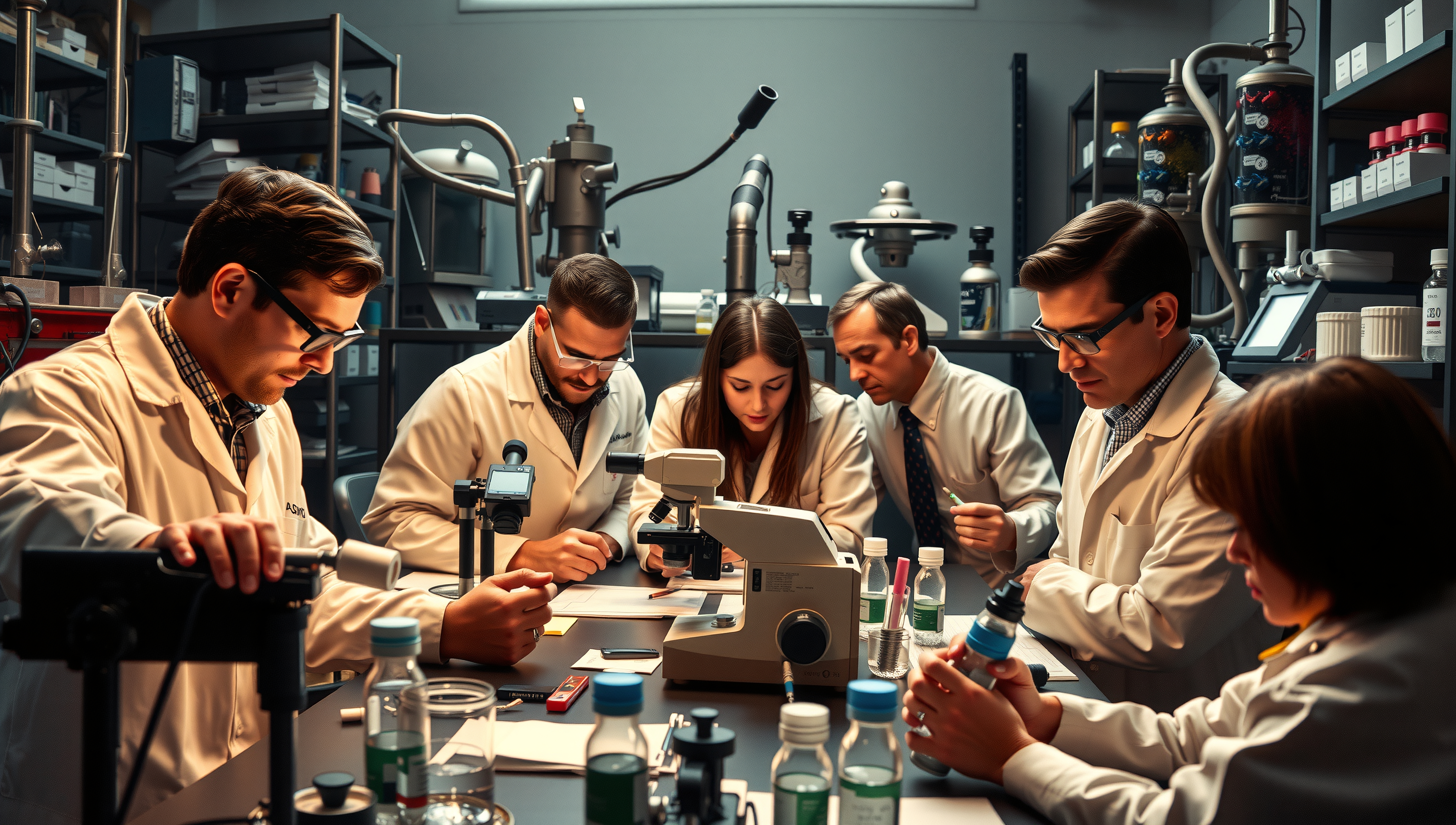 Group of scientists working in a laboratory with microscopes and equipment, collaborating on research projects.