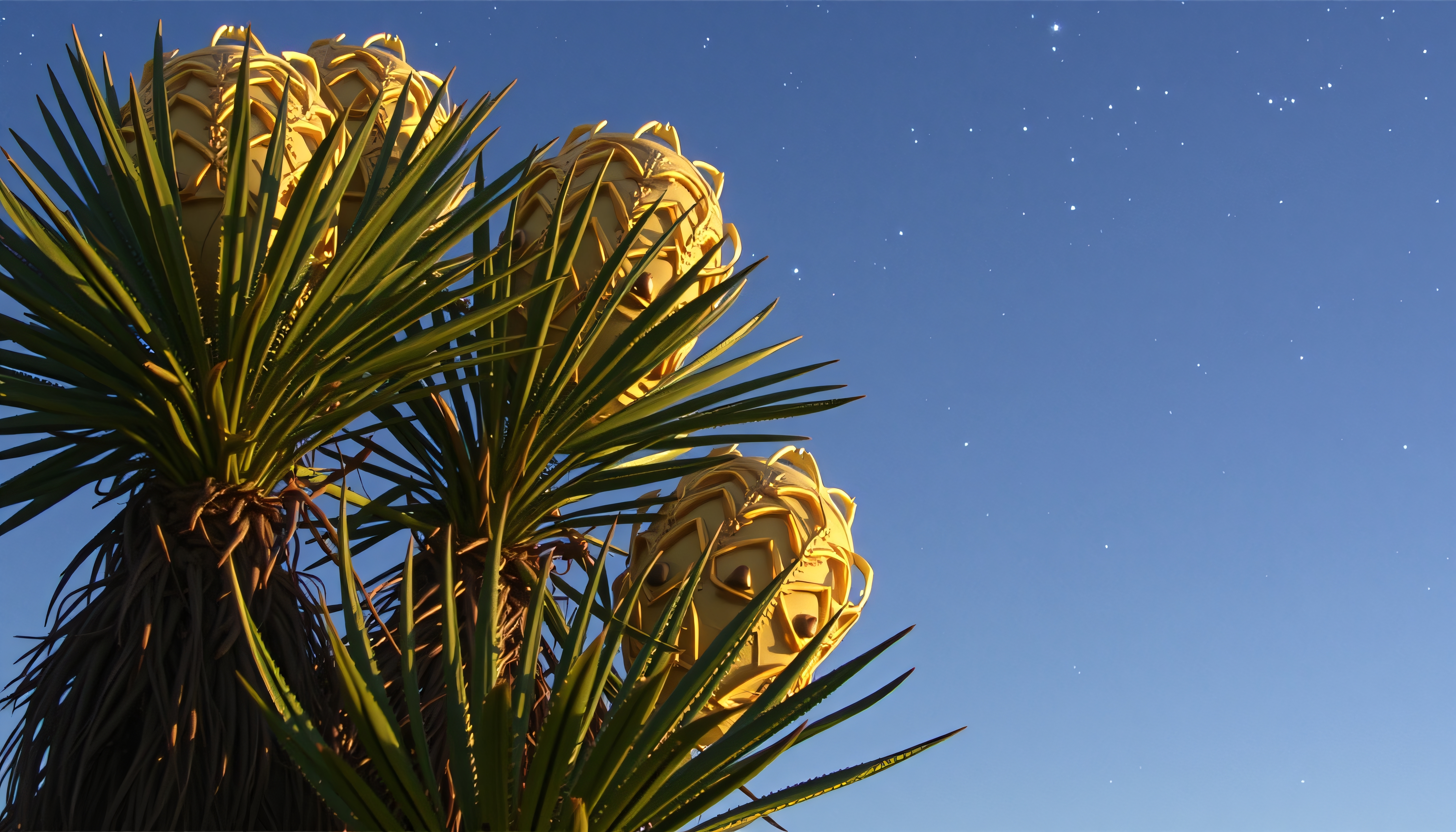 Star-lit desert plants with geometric yellow shapes under a clear sky.