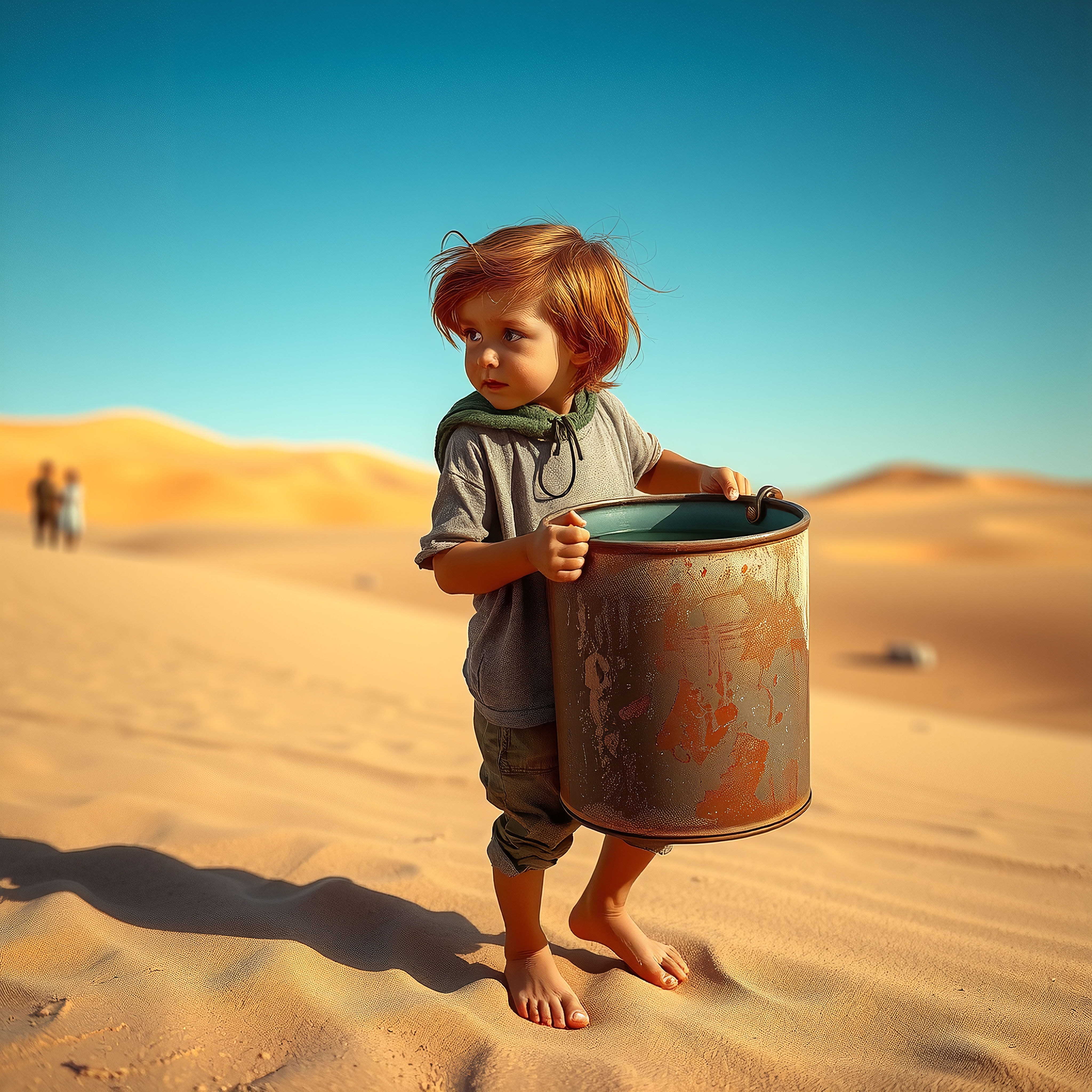 A young child explores a sunlit desert, carrying a rusty metal barrel against a backdrop of endless sand dunes.