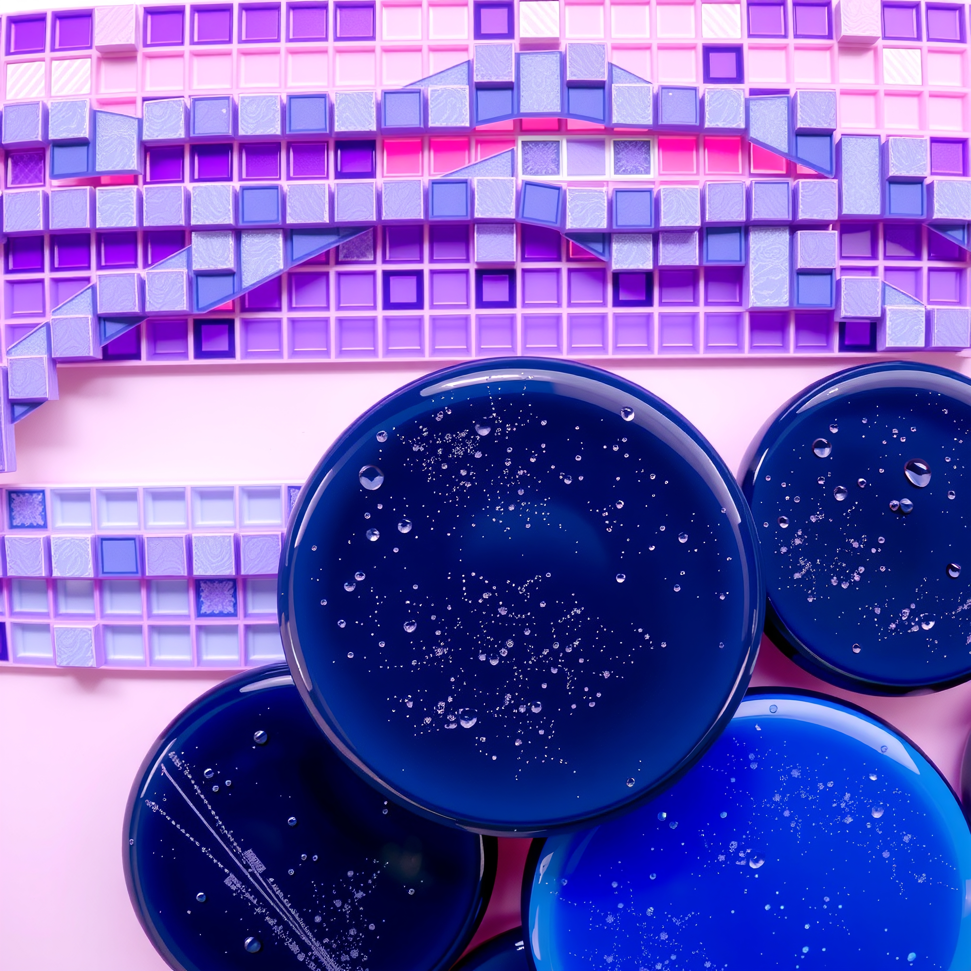 Abstract art with blue bubbles and square tiles, featuring a vibrant mix of blue, purple, and pink colors.
