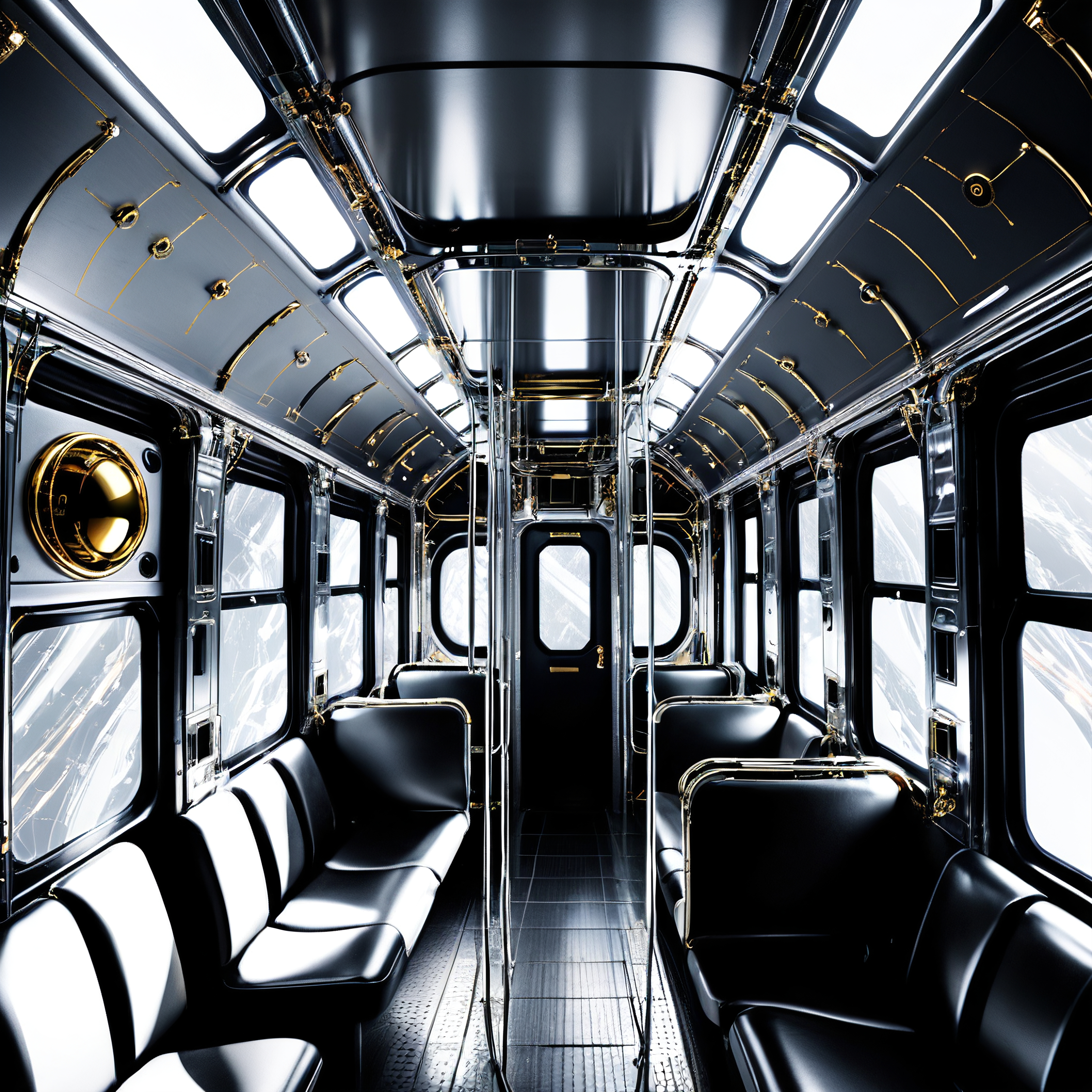 Sleek futuristic train cabin interior with luxurious black and gold design.