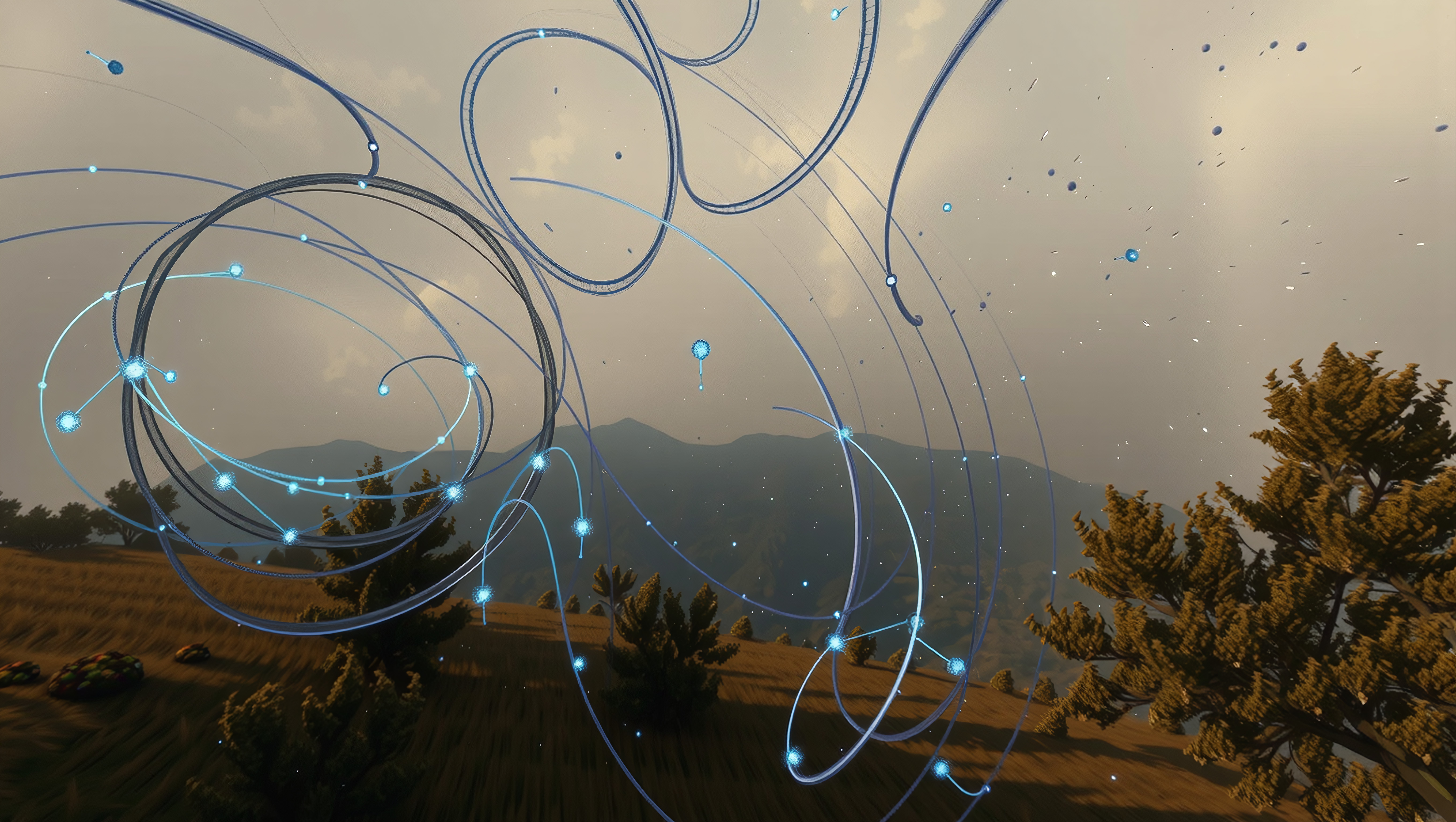 Futuristic digital overlays swirling over peaceful natural scenery with glowing particles and orbital paths