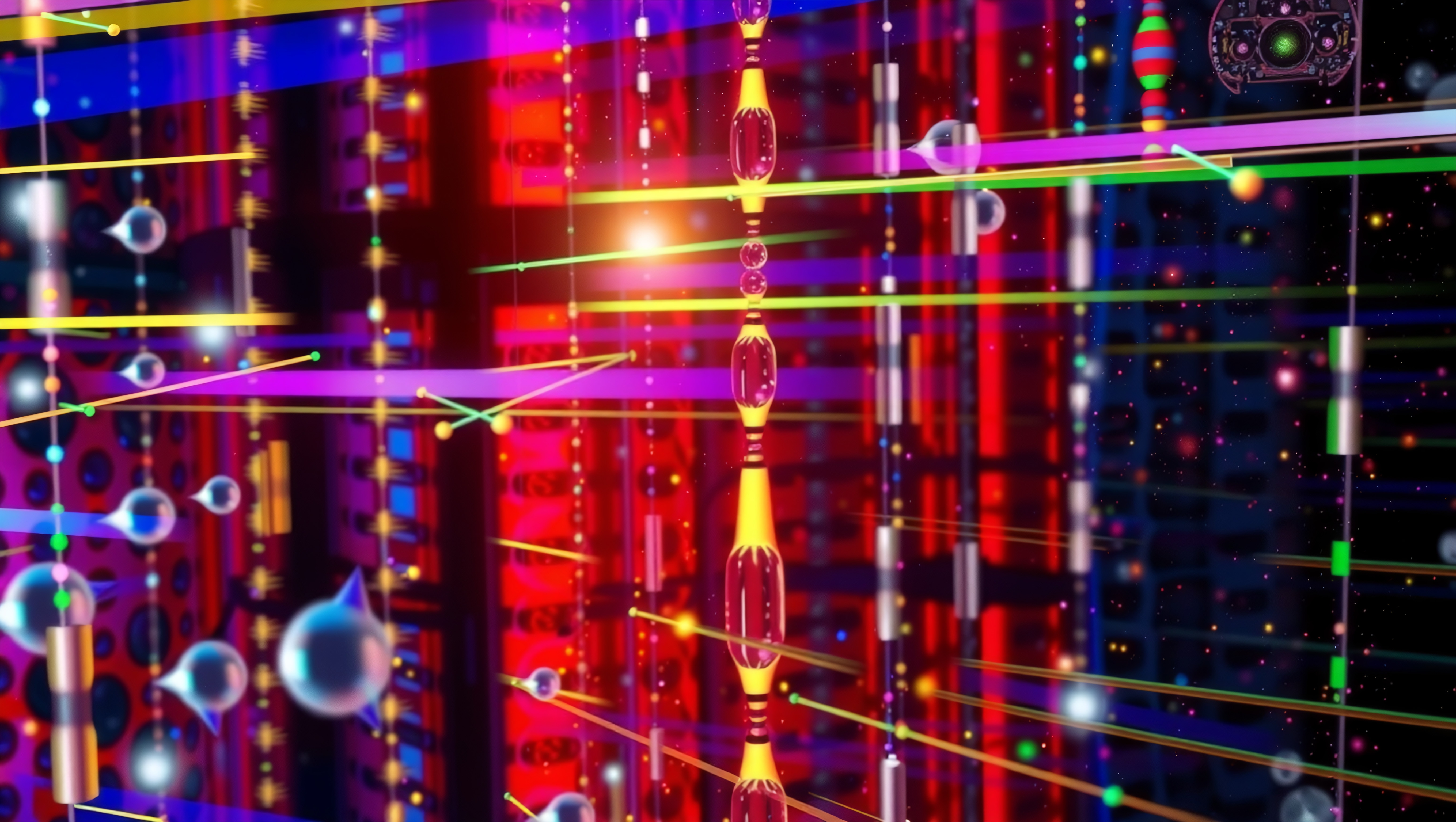 A vibrant, abstract digital landscape with intersecting lines, glowing spheres, and vivid colors.