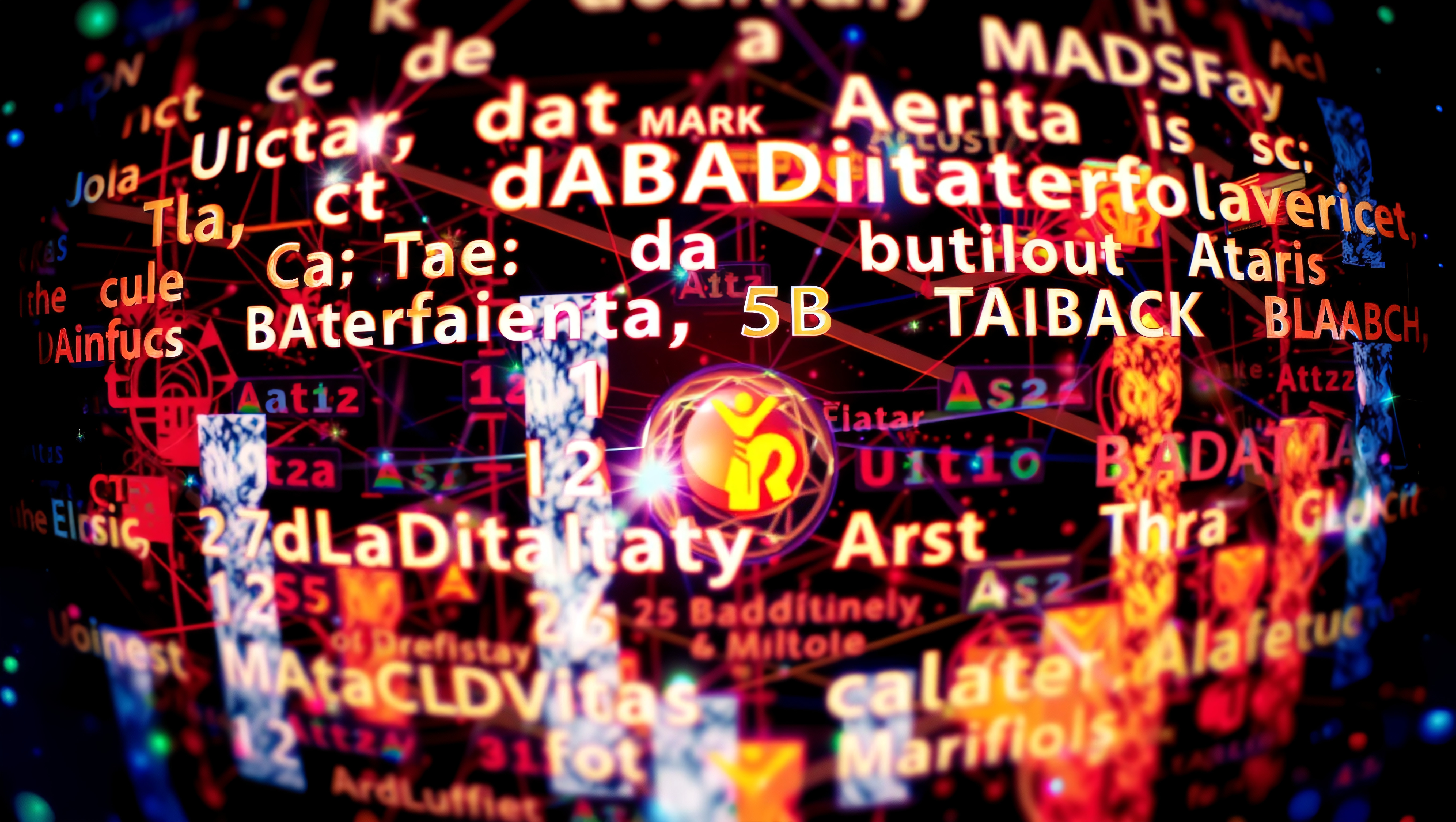 A vibrant abstract collage of text and graphics with bright colors and dynamic design.