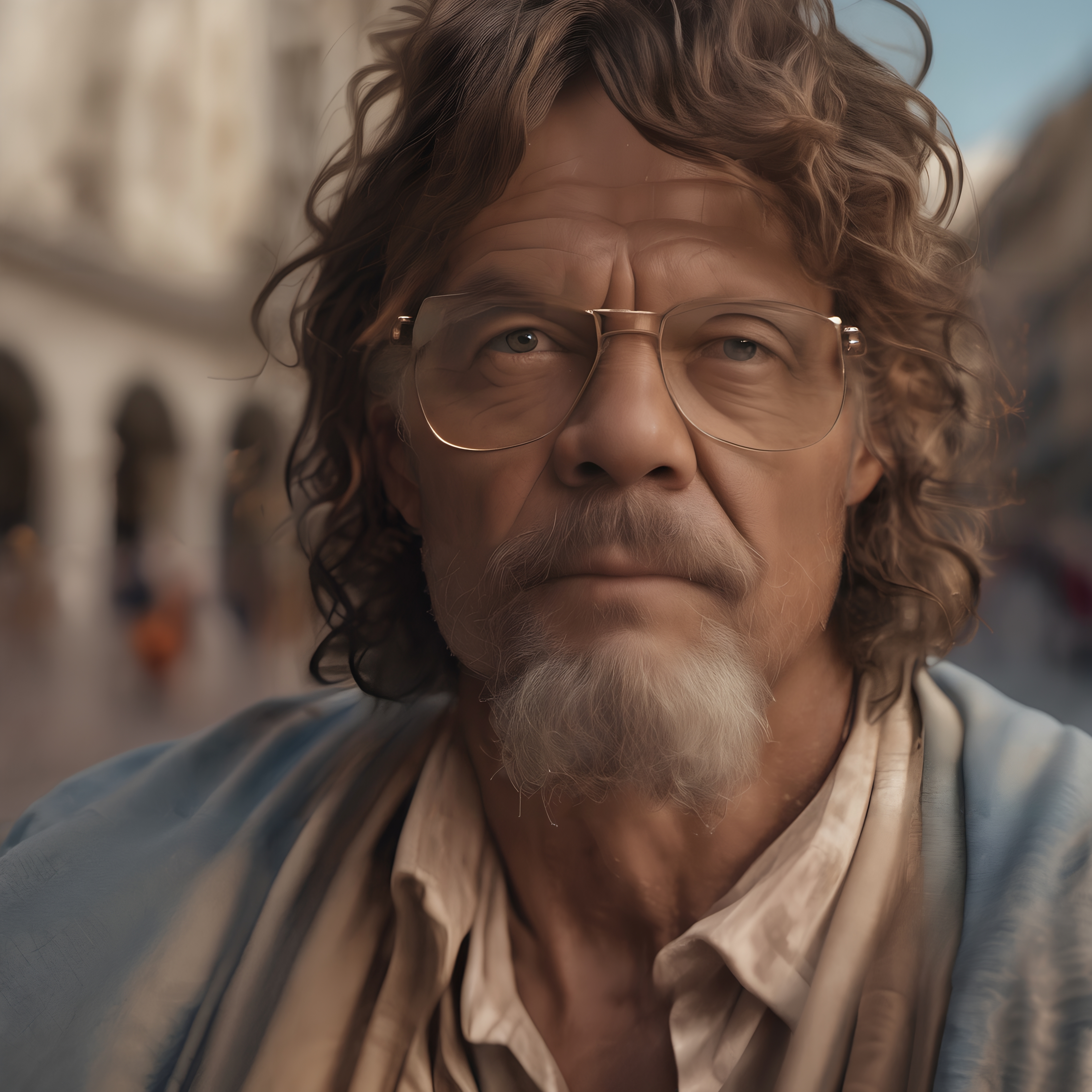 Elderly man with glasses in urban street, wearing casual attire.