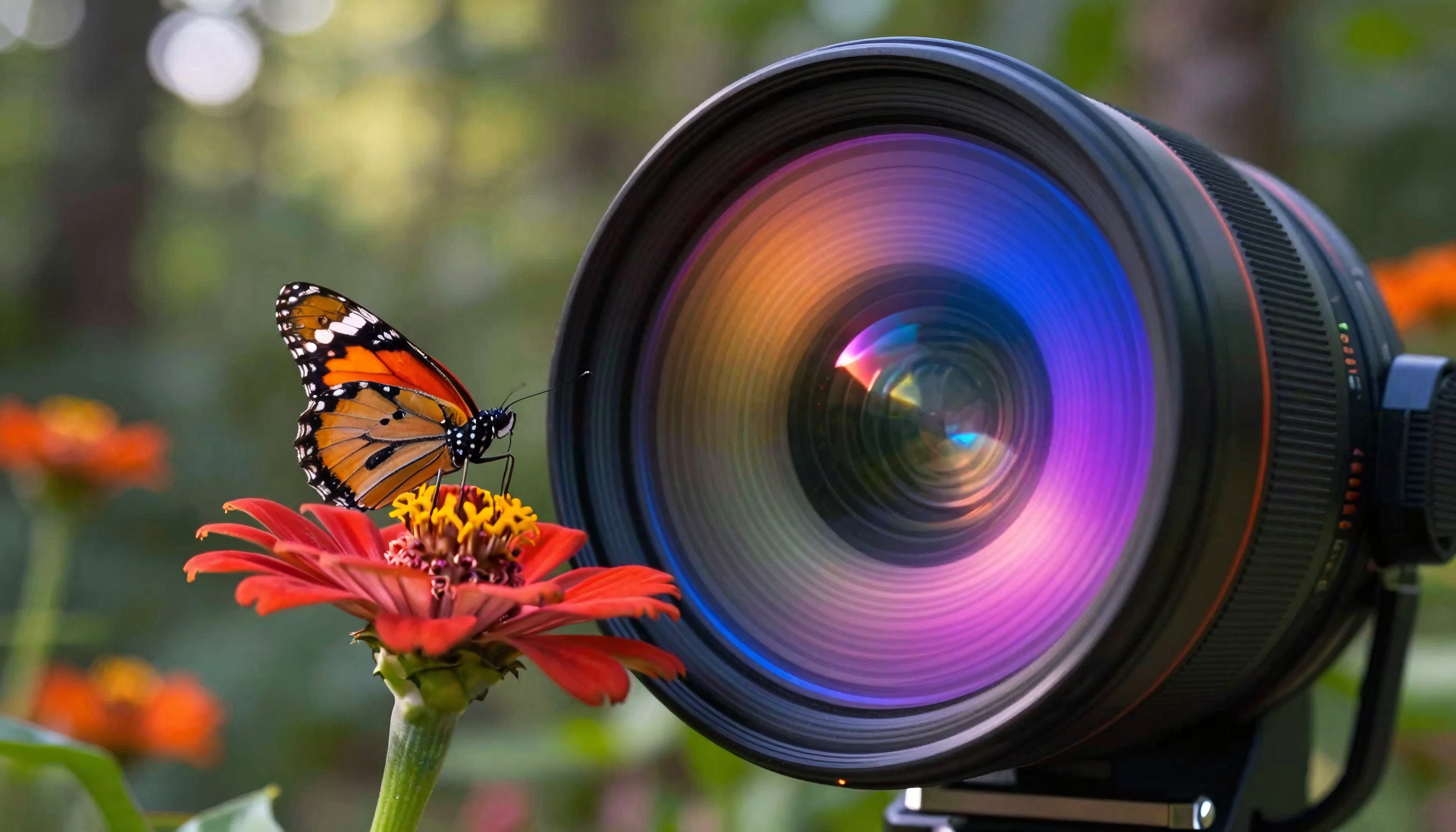 A butterfly perched on a flower beside a colorful camera lens.