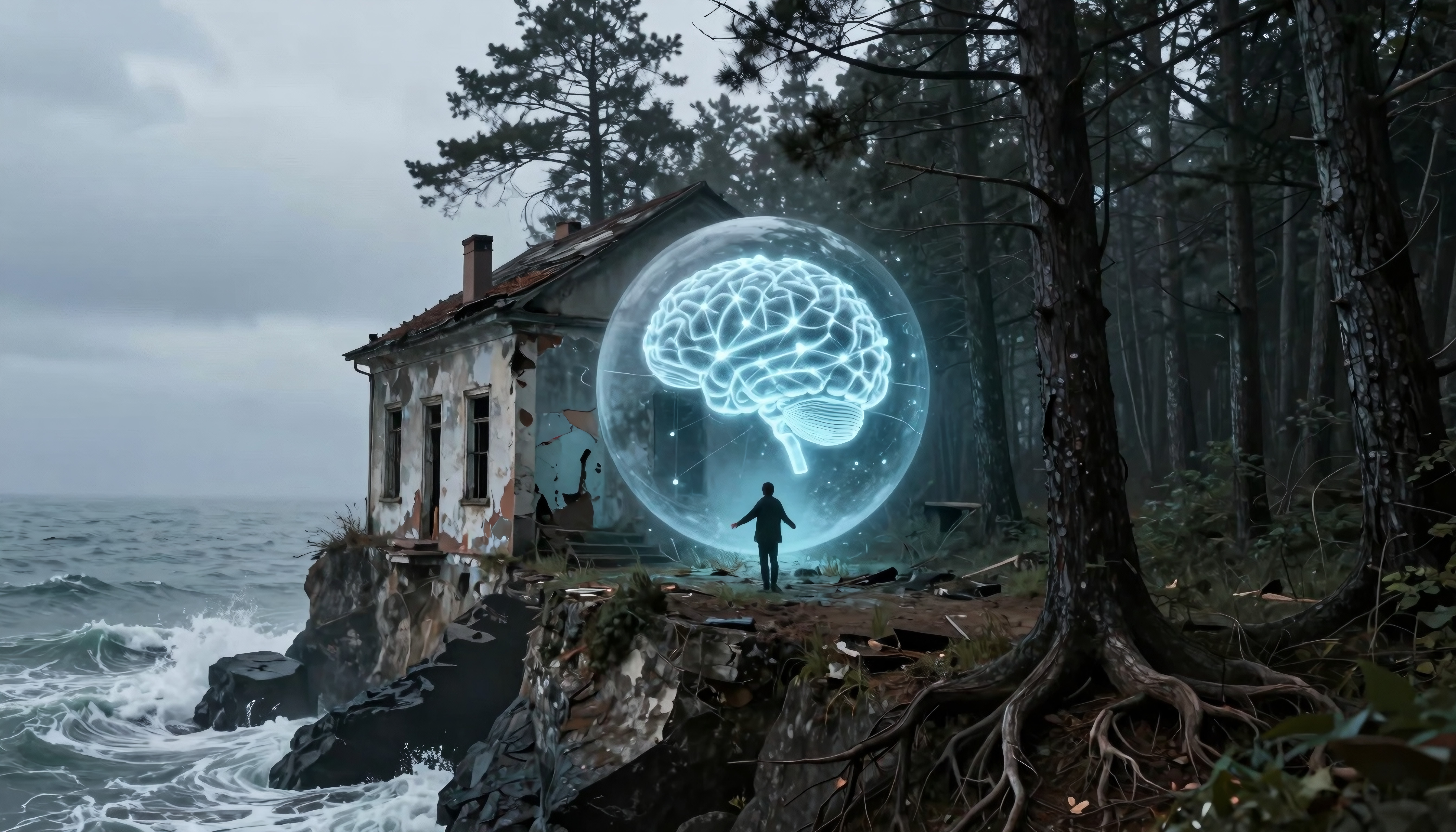 Abandoned house at rocky coastline with glowing brain sphere.