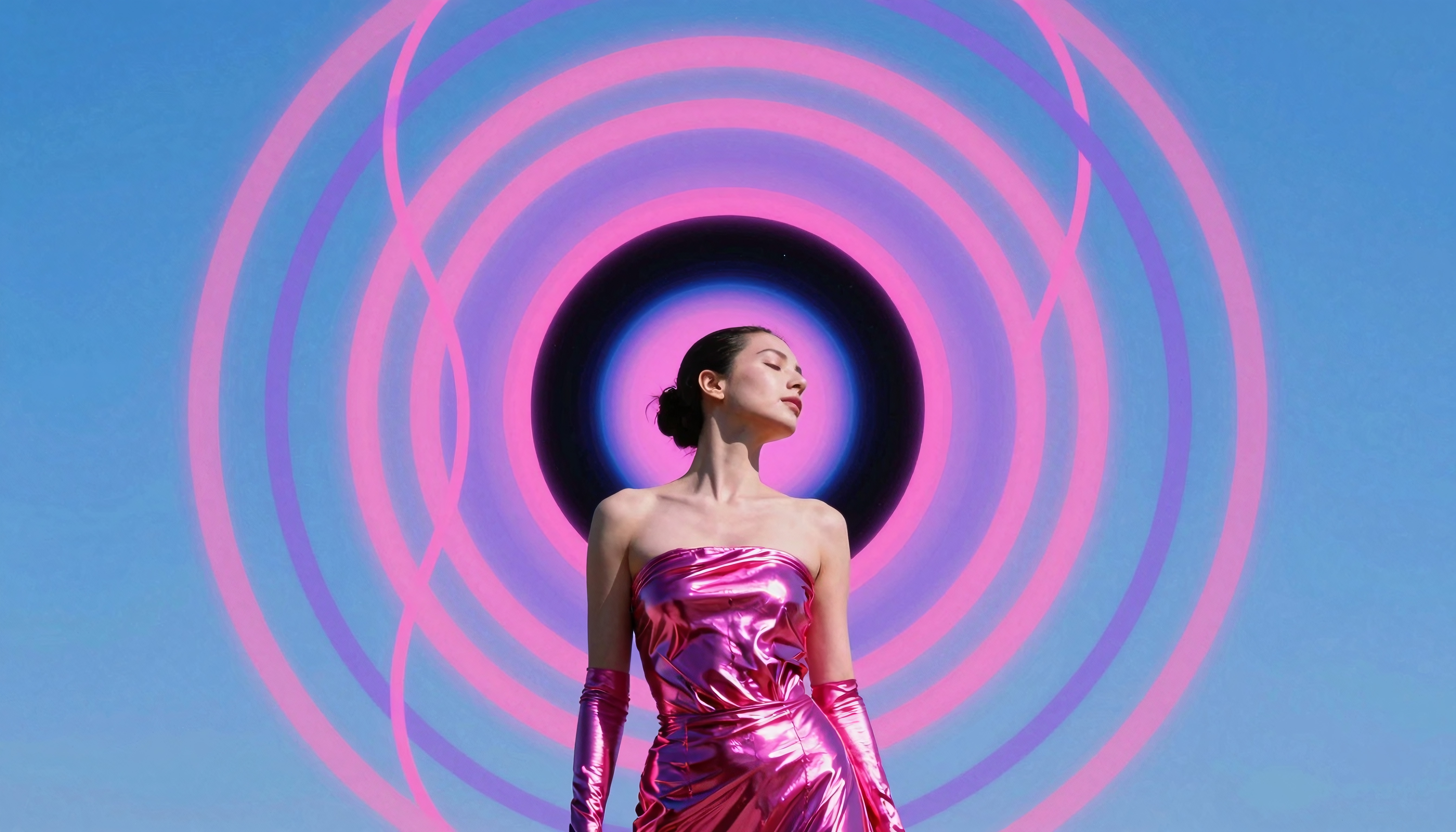 Woman in metallic pink dress against concentric circles.