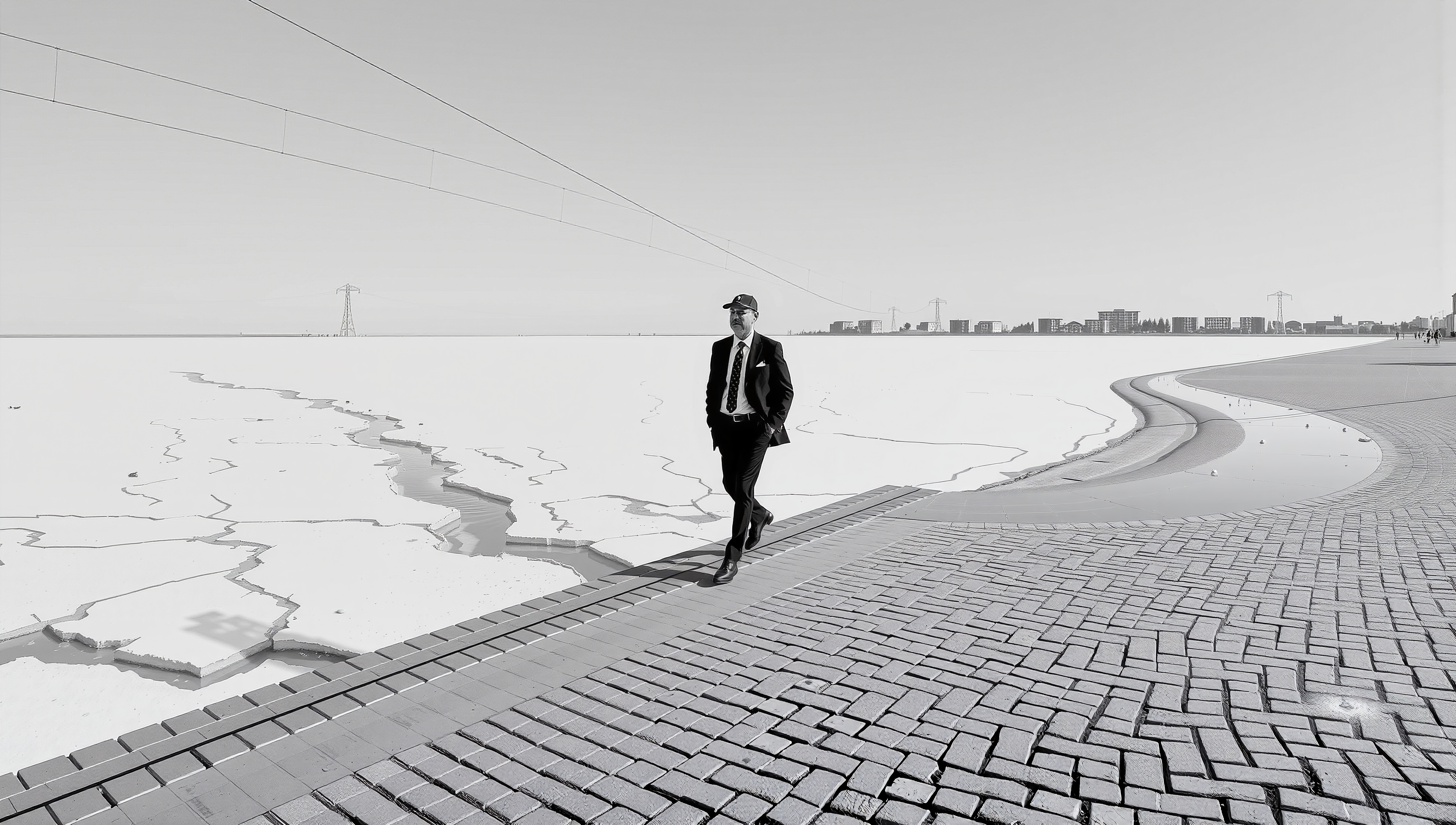 Businessman walks alone on cracked salt flats near urban skyline