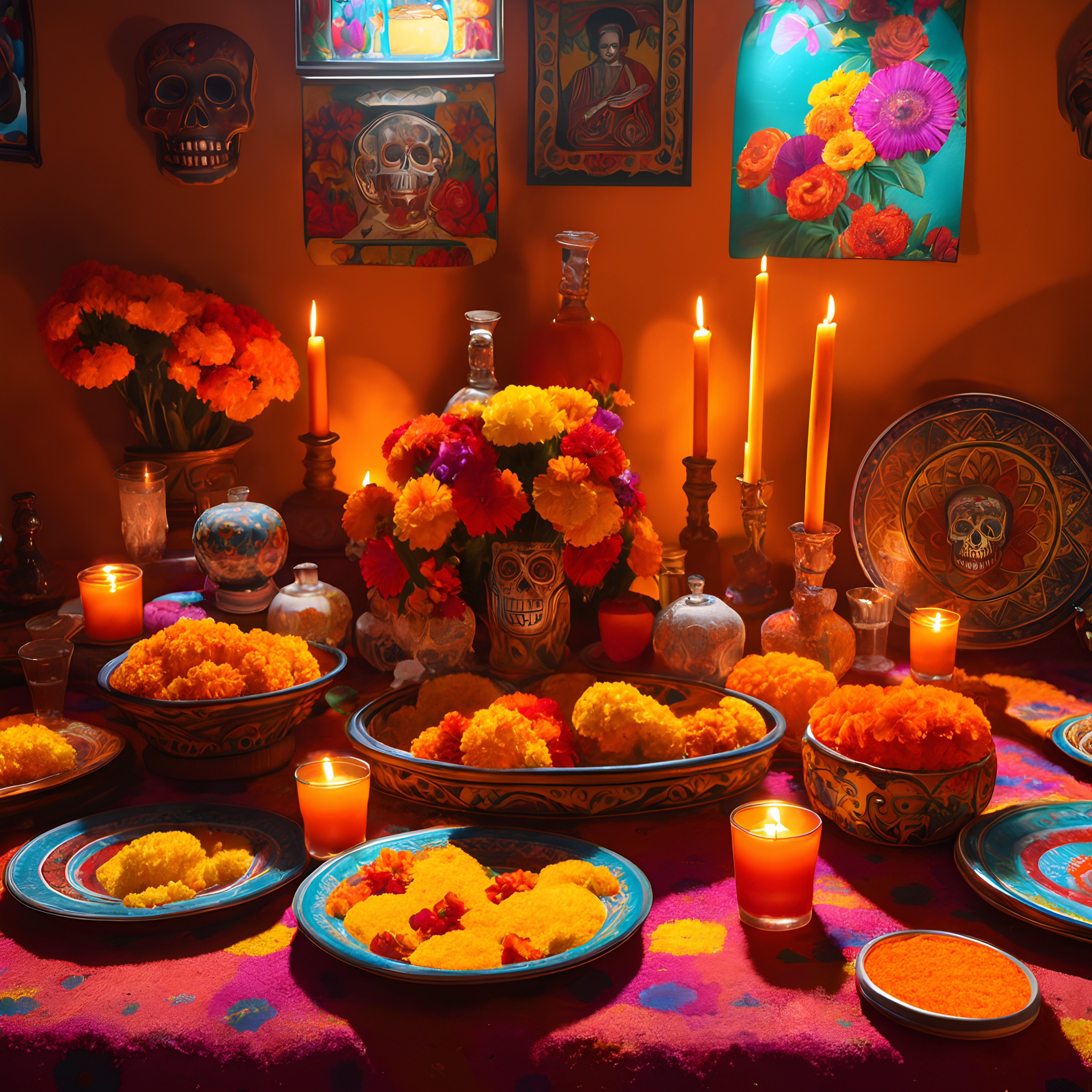 Vibrant Day of the Dead altar with marigolds and candles.