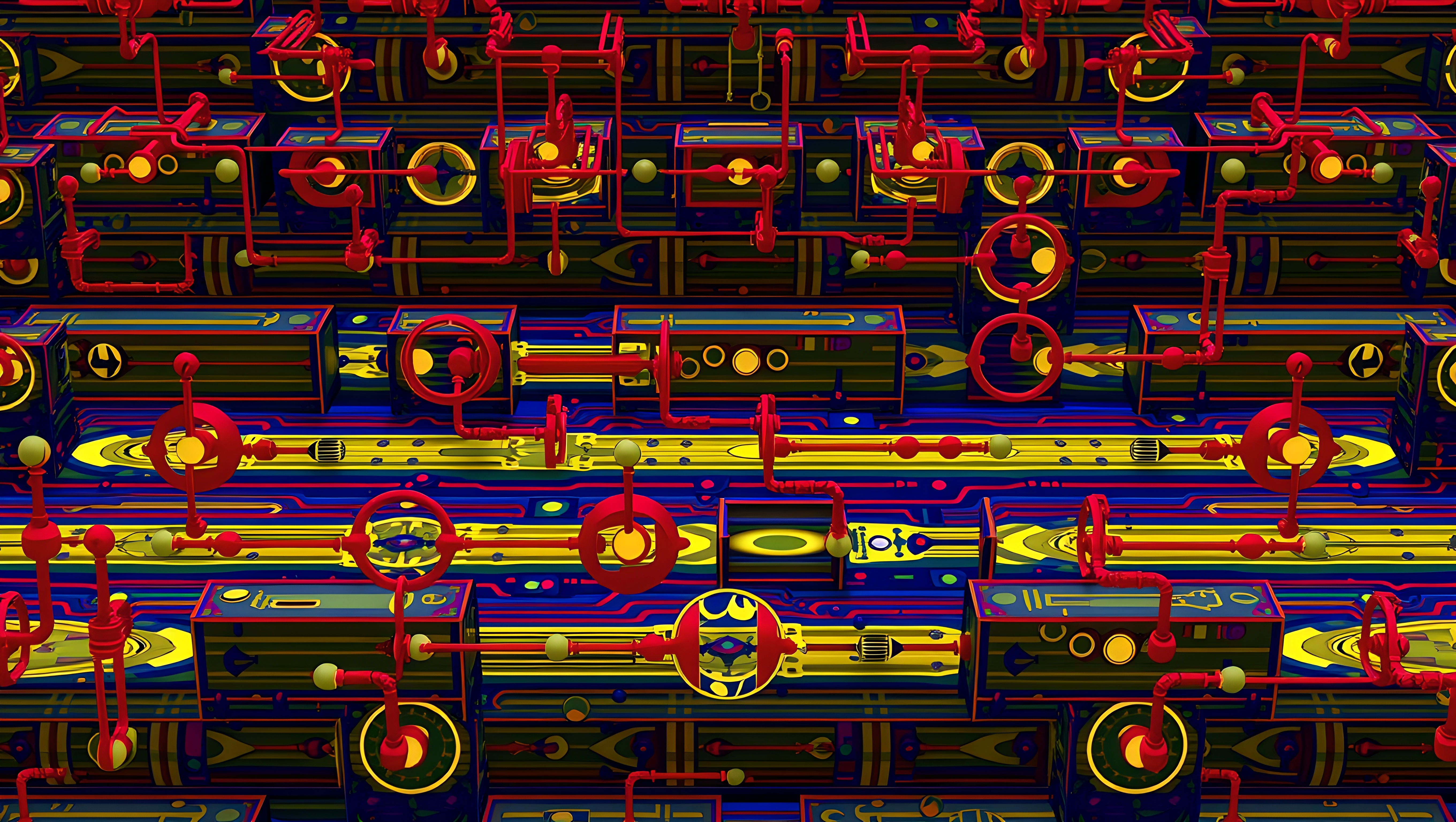 Abstract machinery of interwoven colorful pipes.