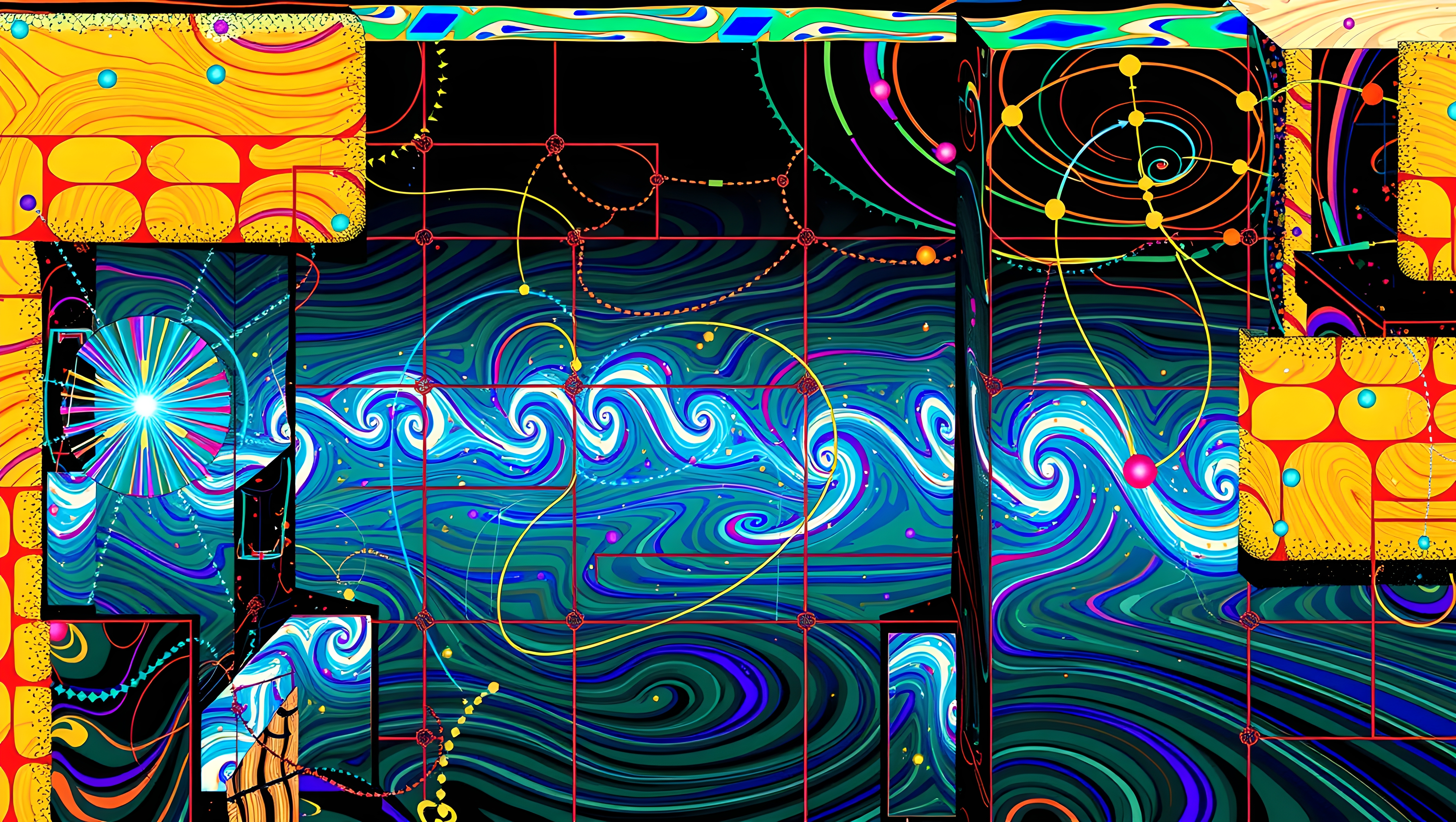A vibrant abstract design featuring swirling teal and blue waves against geometric and cosmic patterns with contrasting colors.