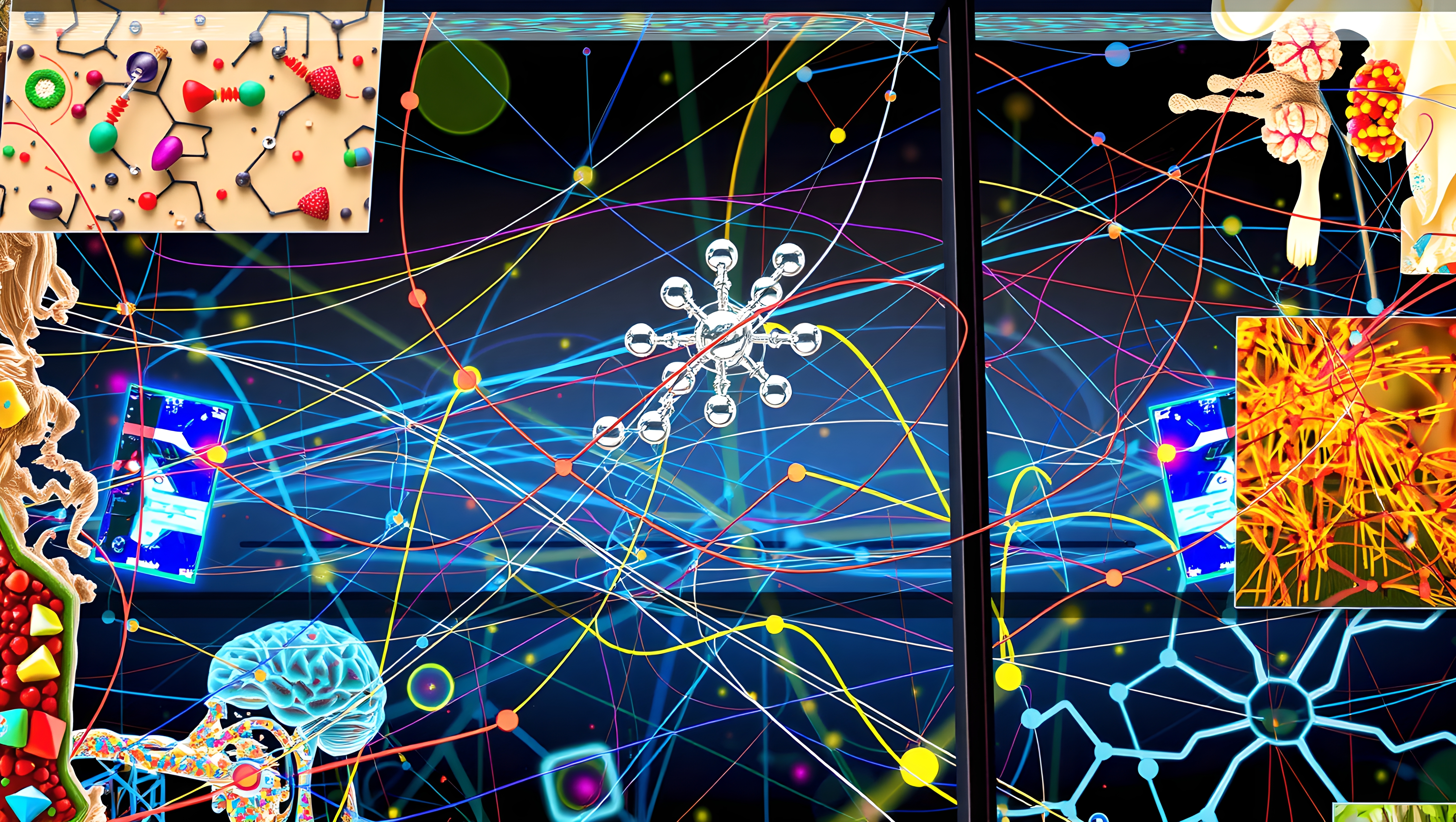 A vibrant digital art piece illustrating interconnected neural structures with colorful lines and molecular patterns.
