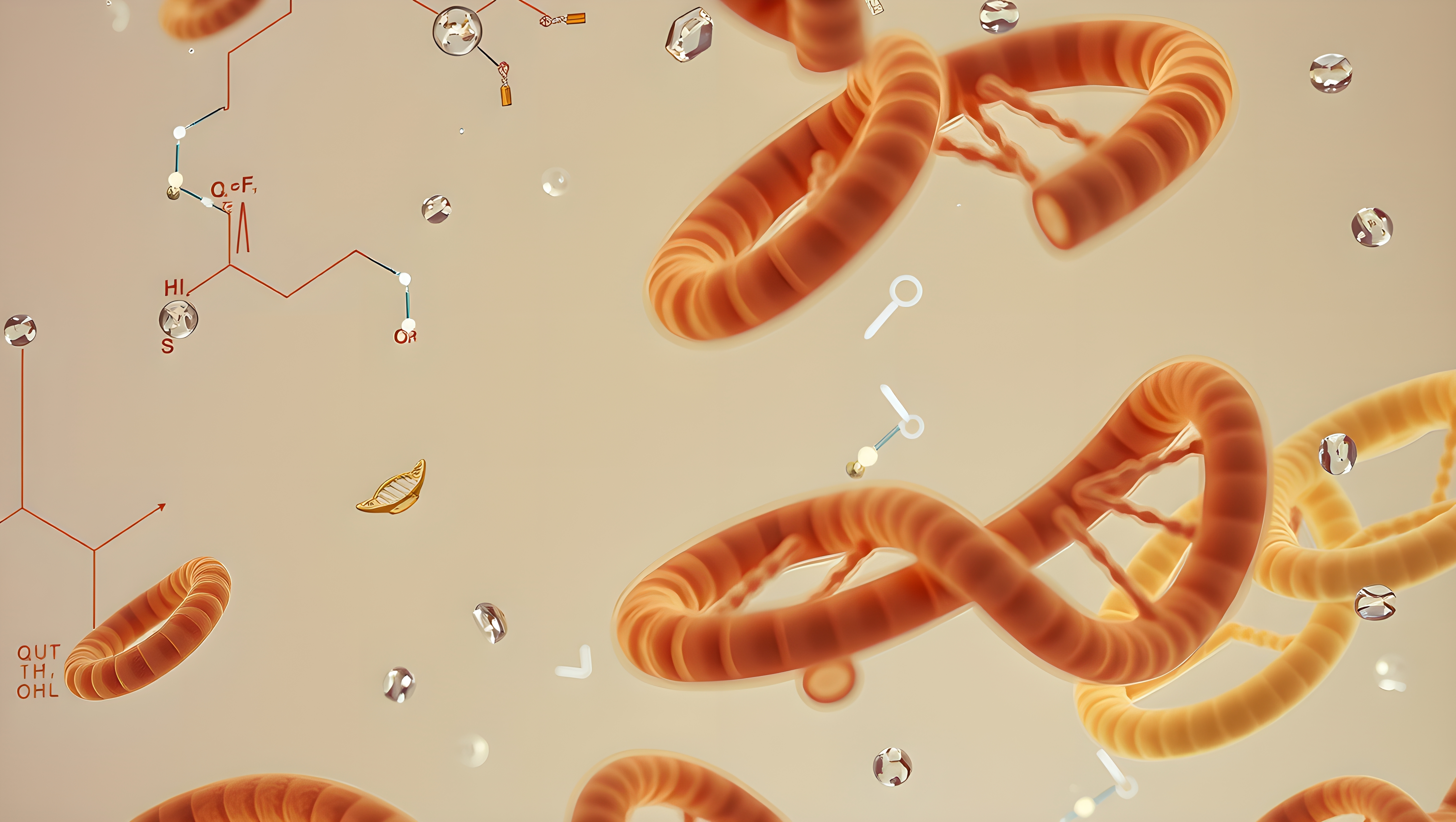 Artistic depiction of molecular structures intertwining with chemical diagrams on a beige background.