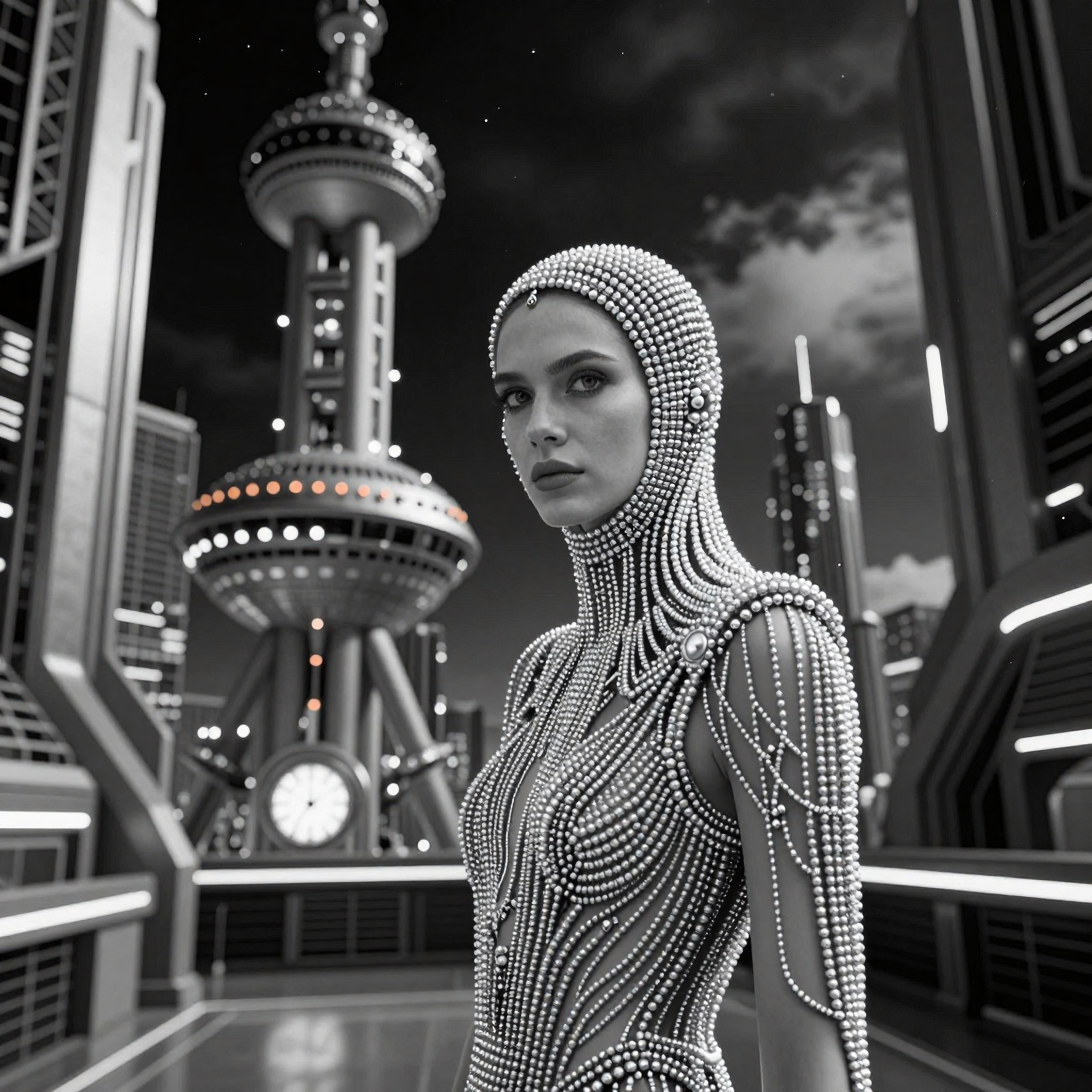 A woman in a pearl-covered bodysuit stands in a futuristic city.