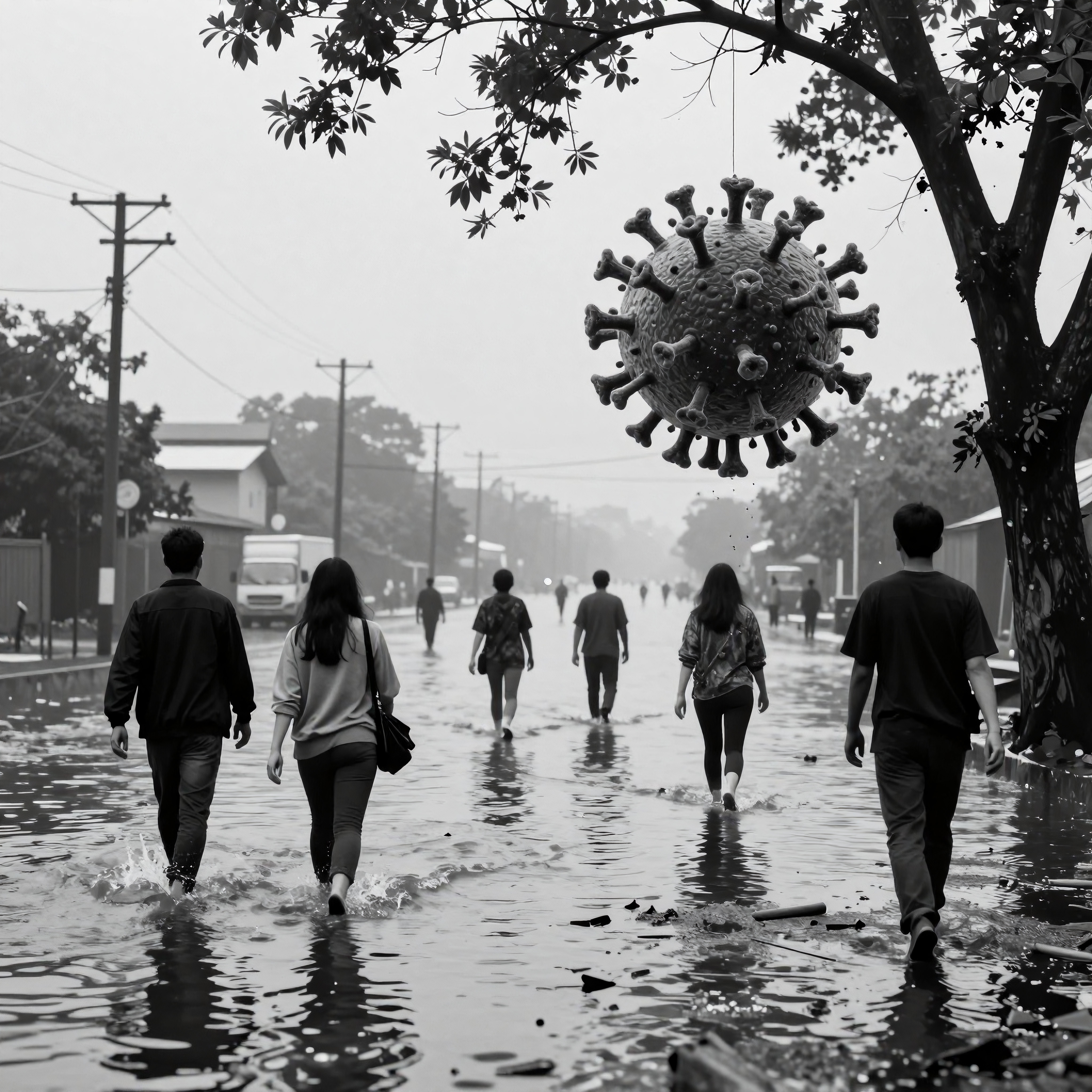 Flooded street with people walking, virus sculpture overhead, monochrome scene.
