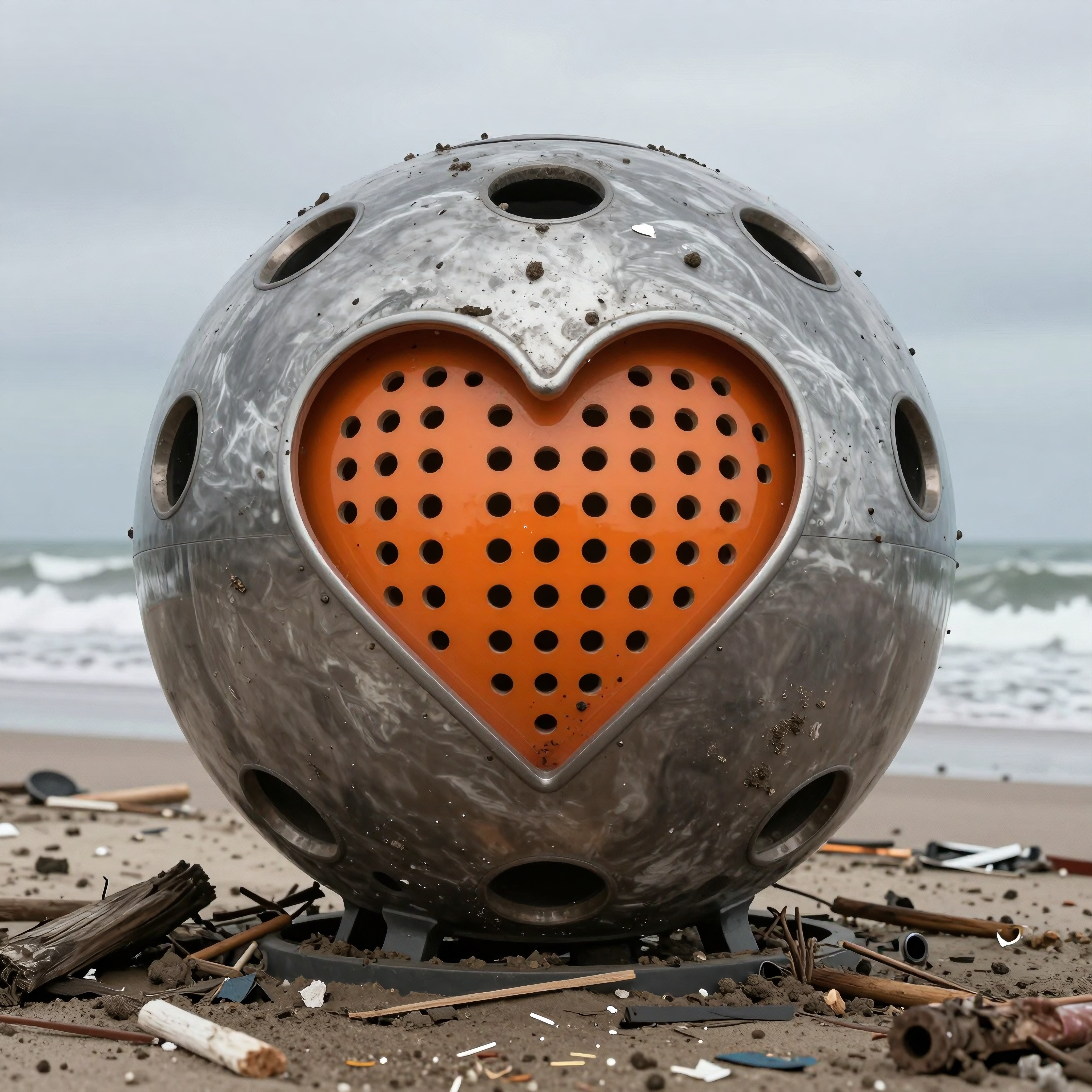 Metal sphere with heart pattern on beach amidst ocean waves.