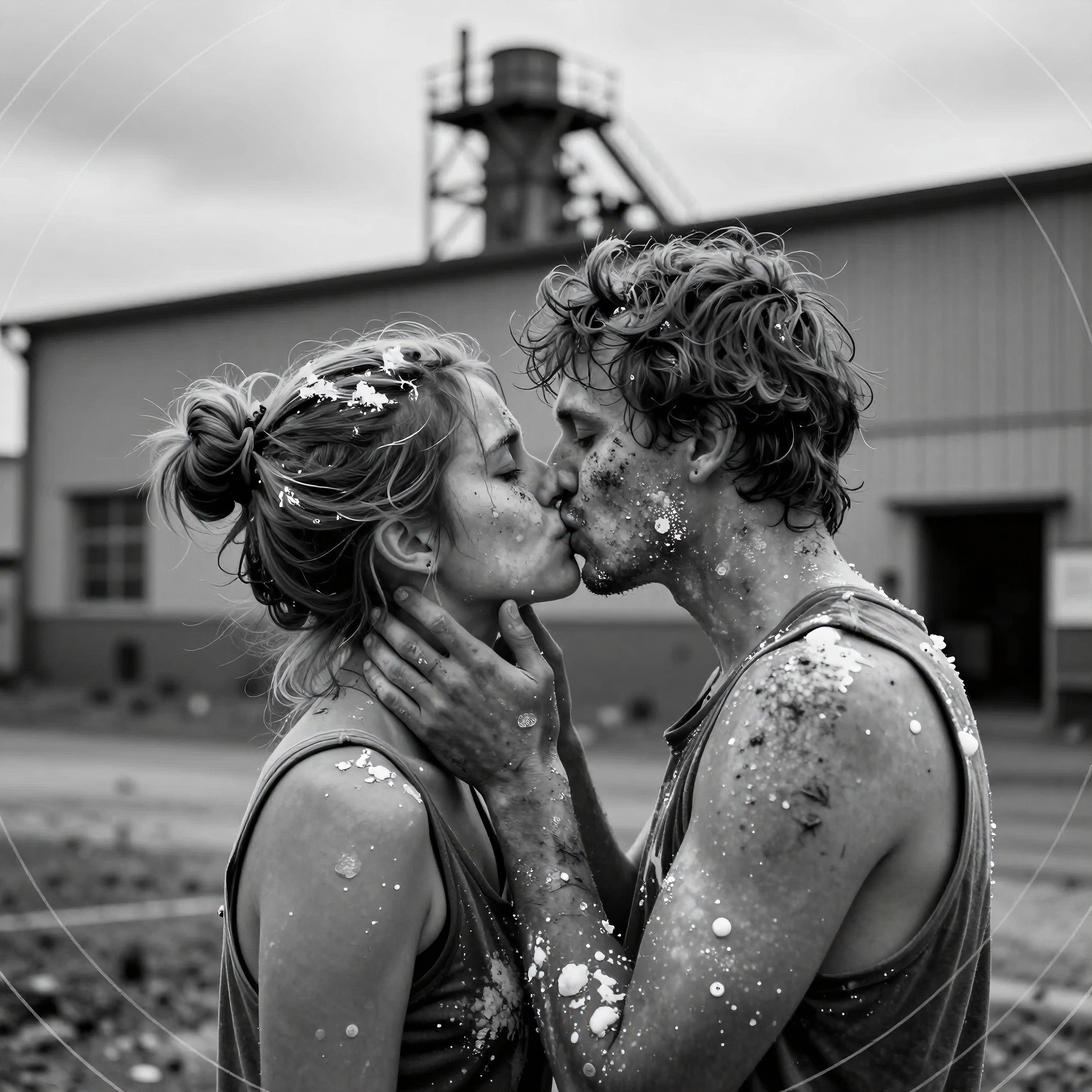 Dusty Industrial Couple Kissing in Black and White Factory Scene