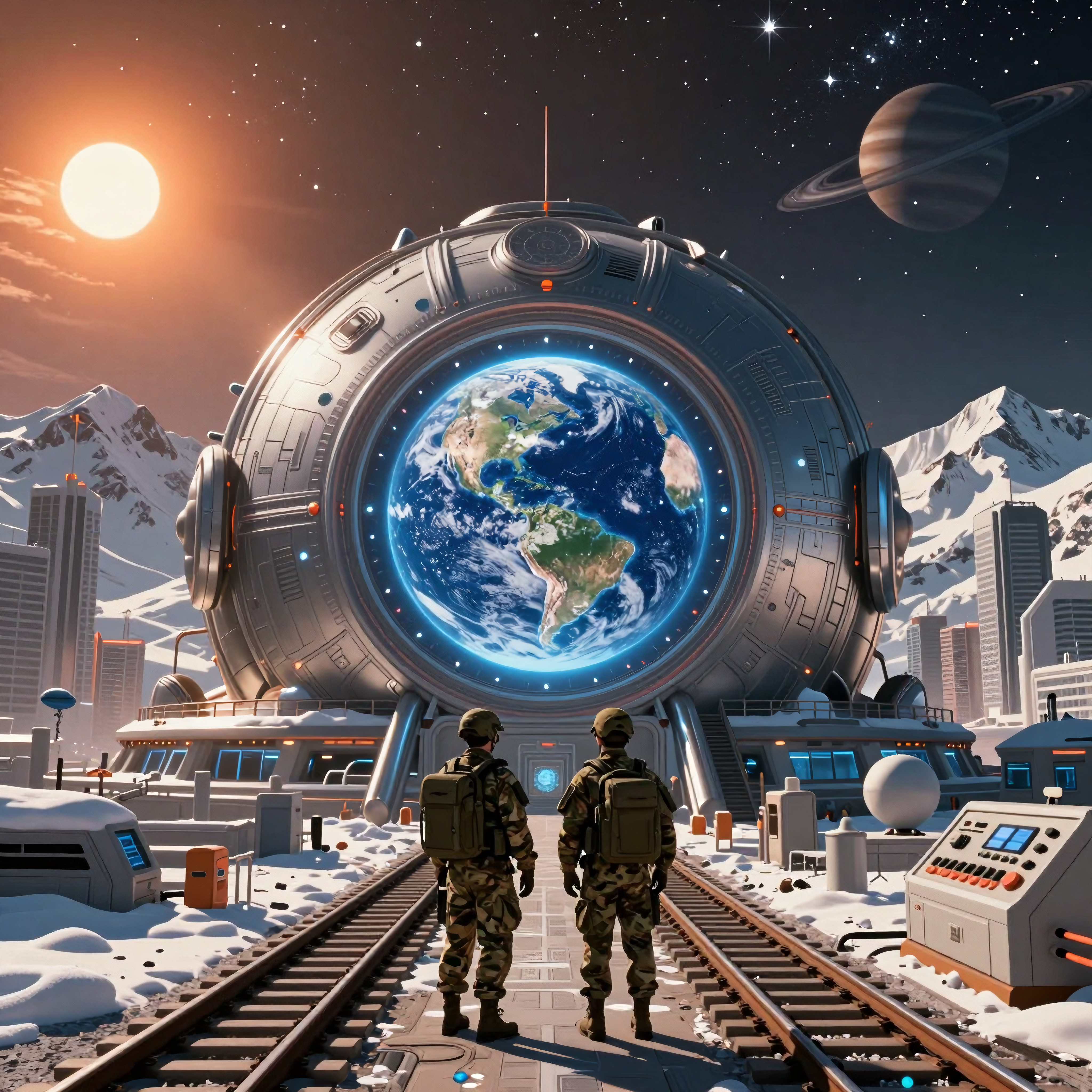 Futuristic World Station on Train Tracks Under a Sci-Fi Sky