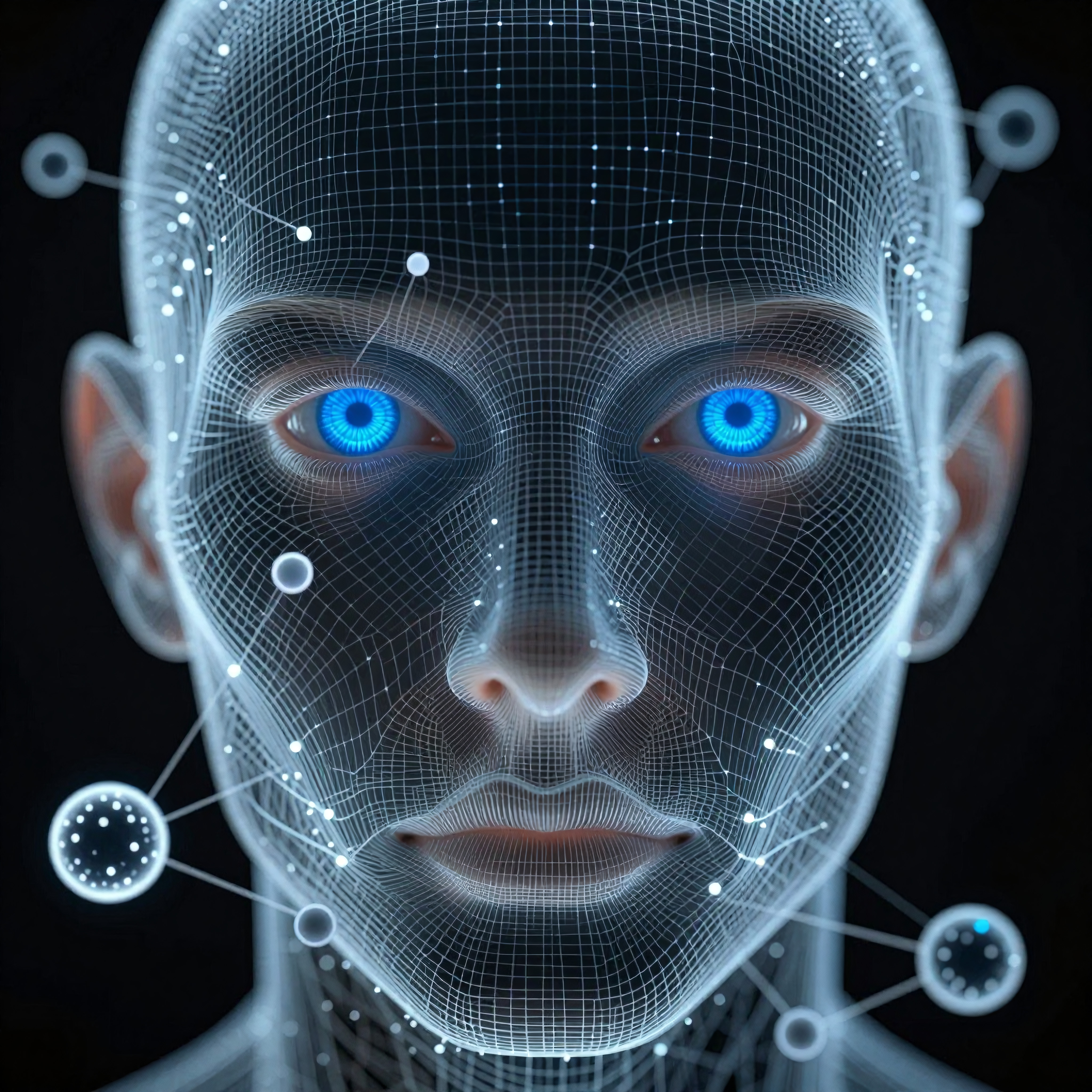 A futuristic digital face with bright blue eyes, constructed from a glowing mesh network, illustrating themes of artificial intelligence and advanced technology.