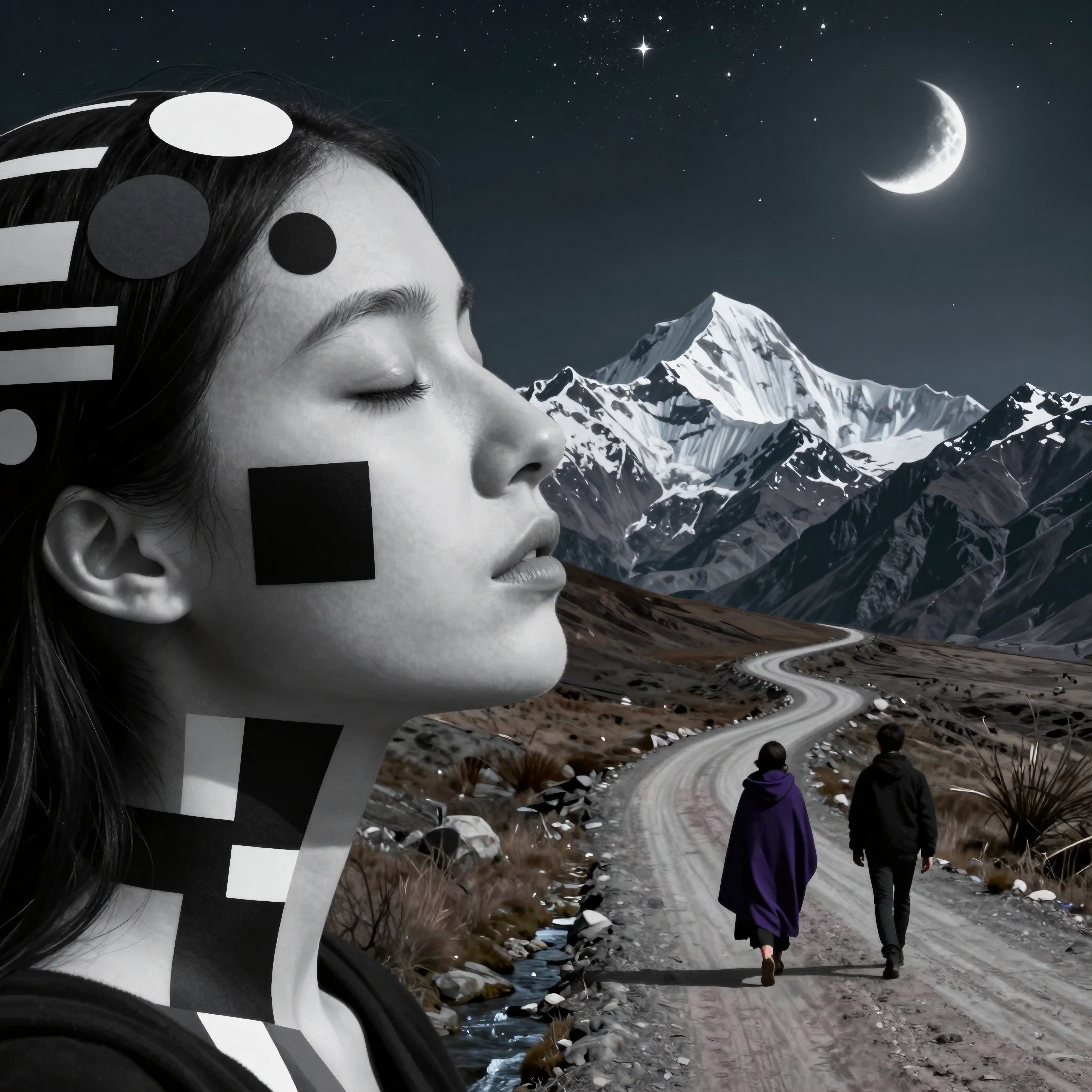 Surreal image depicting a woman with geometric designs, two figures walking towards snow-capped mountains under a starry sky.