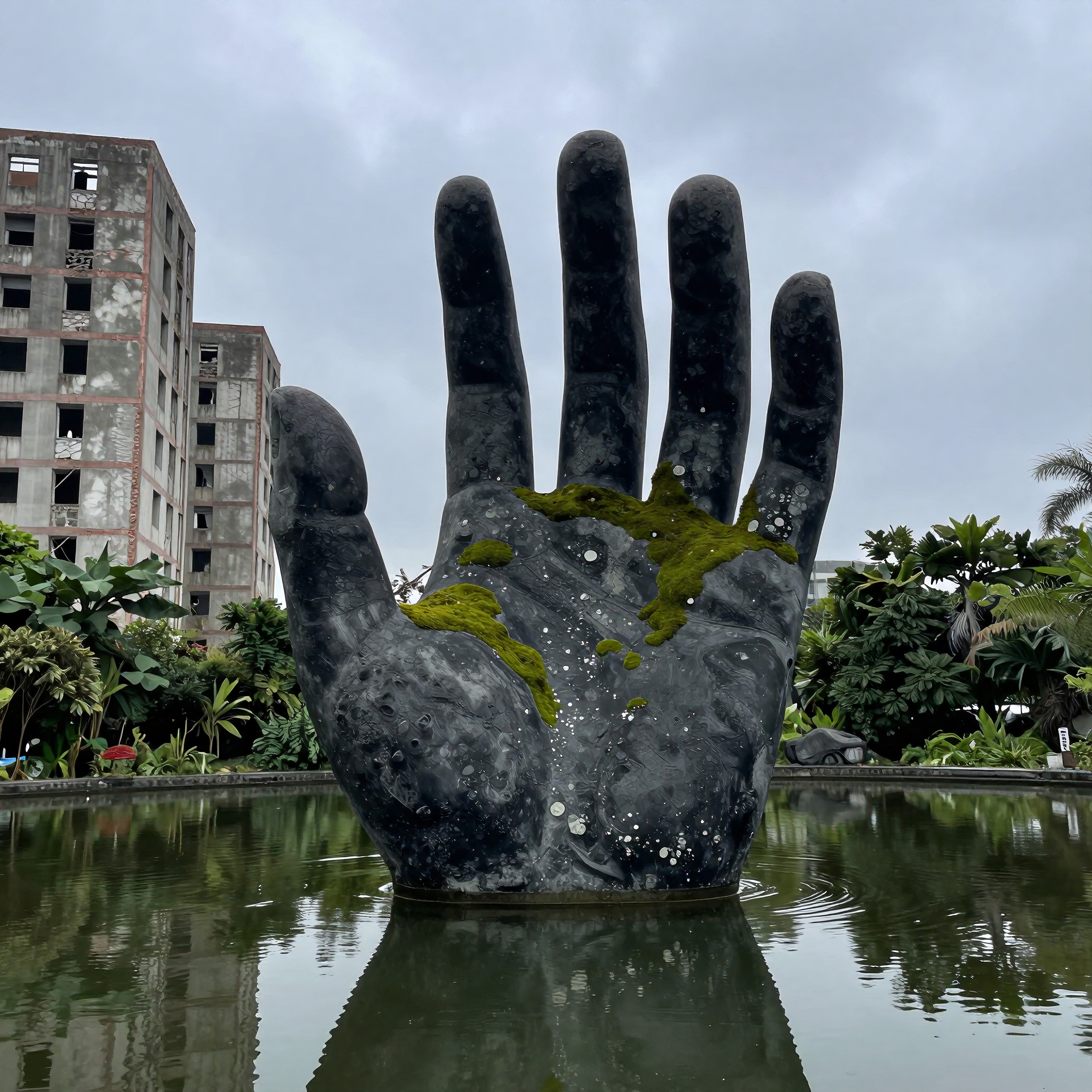 A giant hand sculpture emerges from a reflective pond amidst lush greenery and an old building with overcast skies.