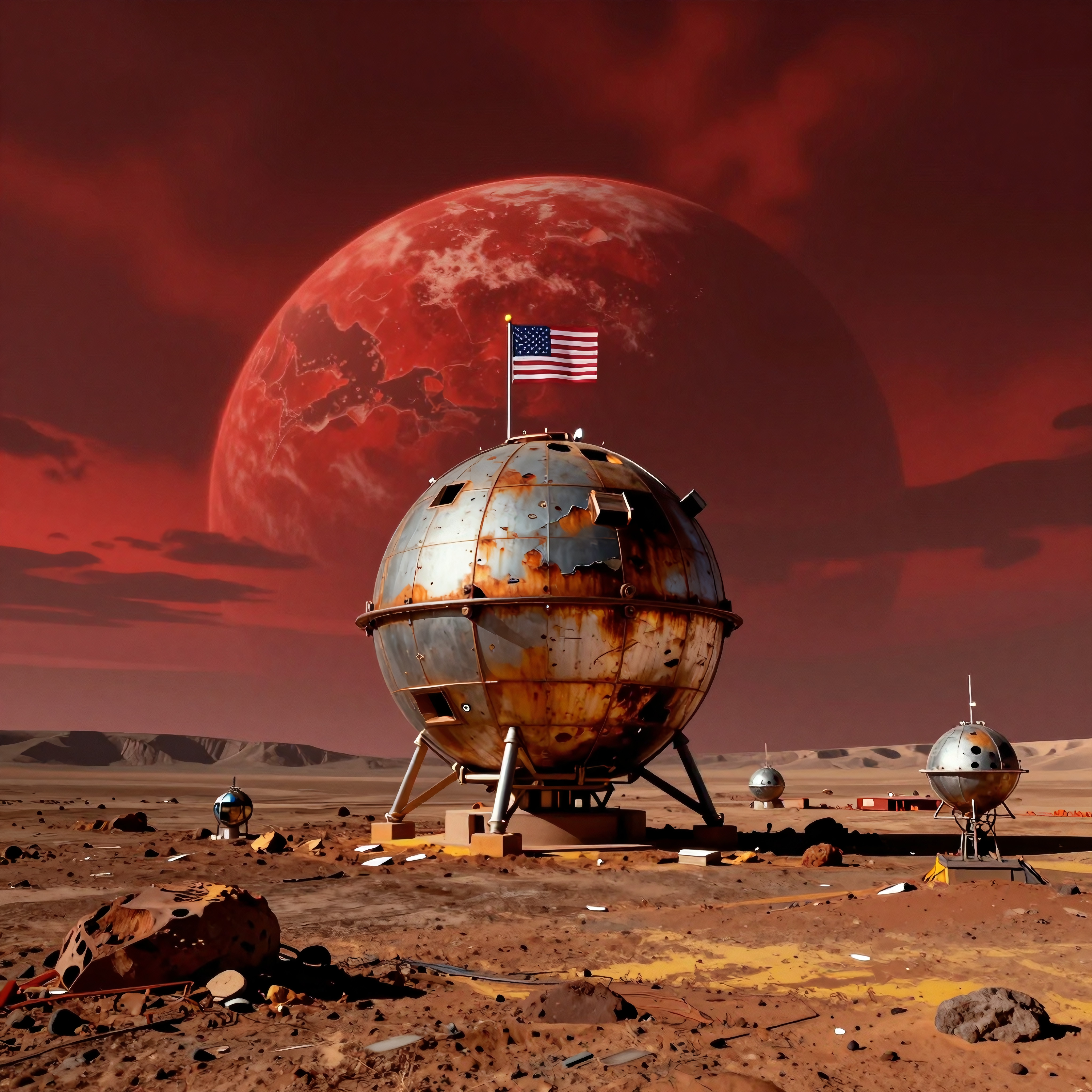 Abandoned space colony with American flag on rusty domed structures in alien landscape under red skies.