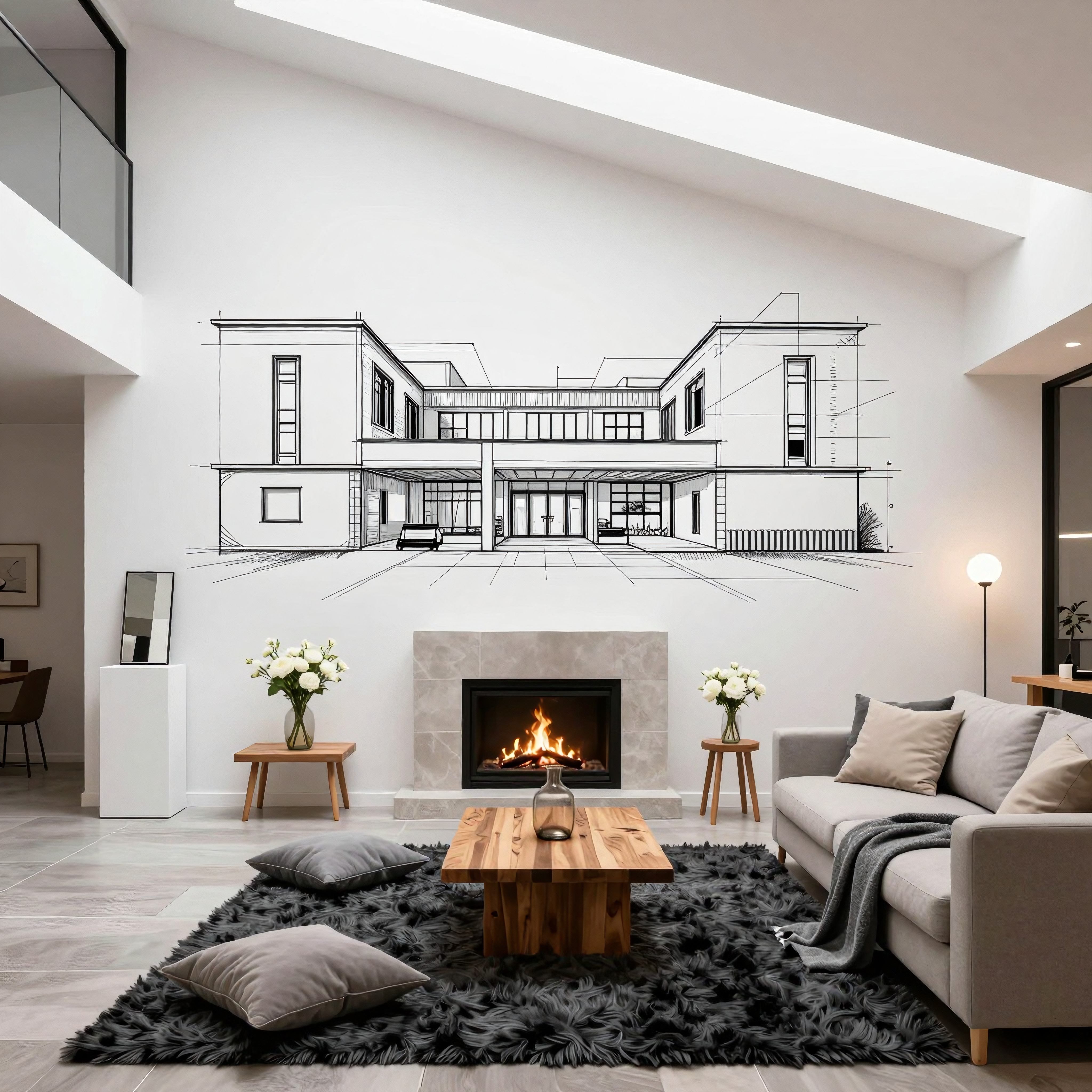 Modern living room with architectural mural and elegant decor.