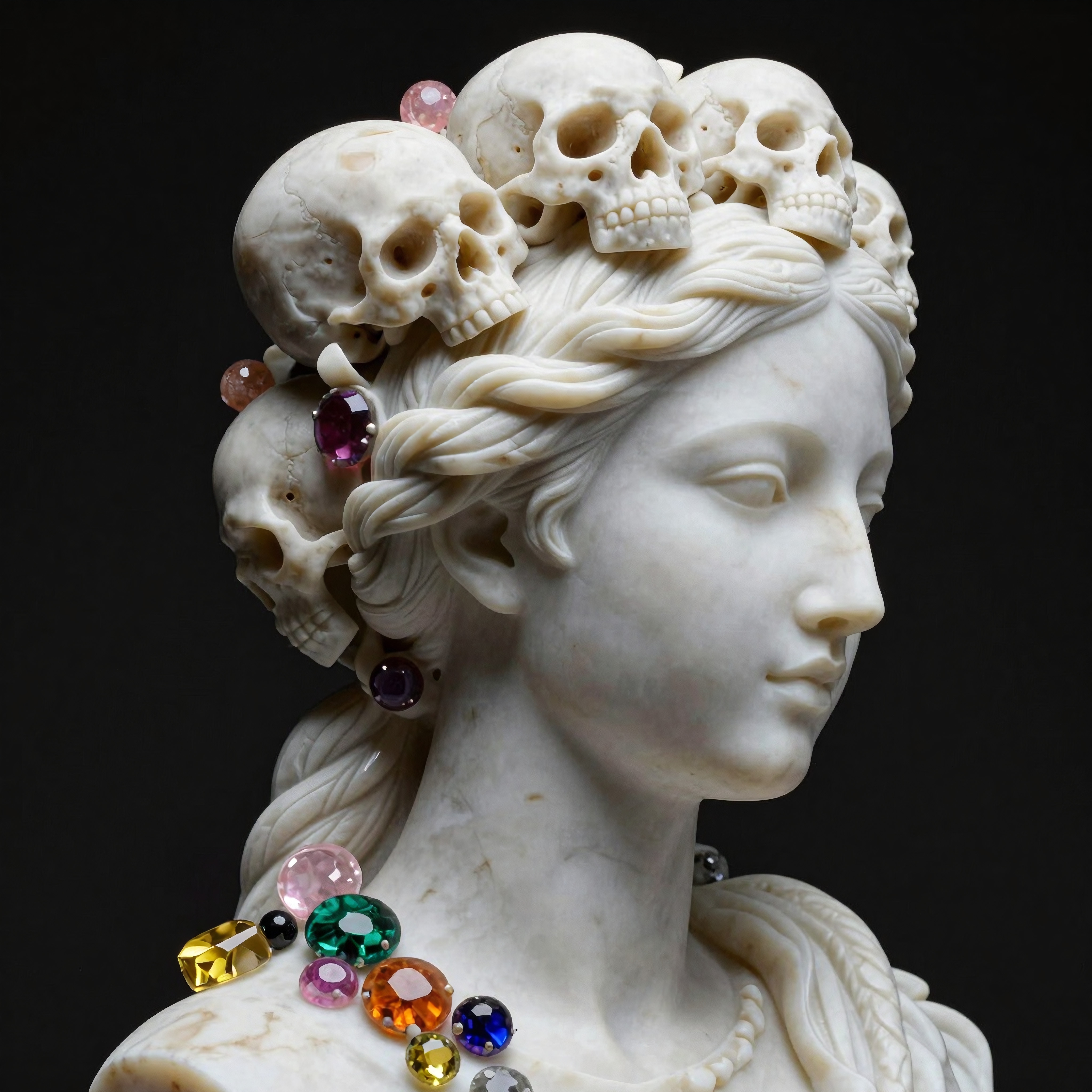 Detailed marble sculpture with skulls, gems, and braided hair.