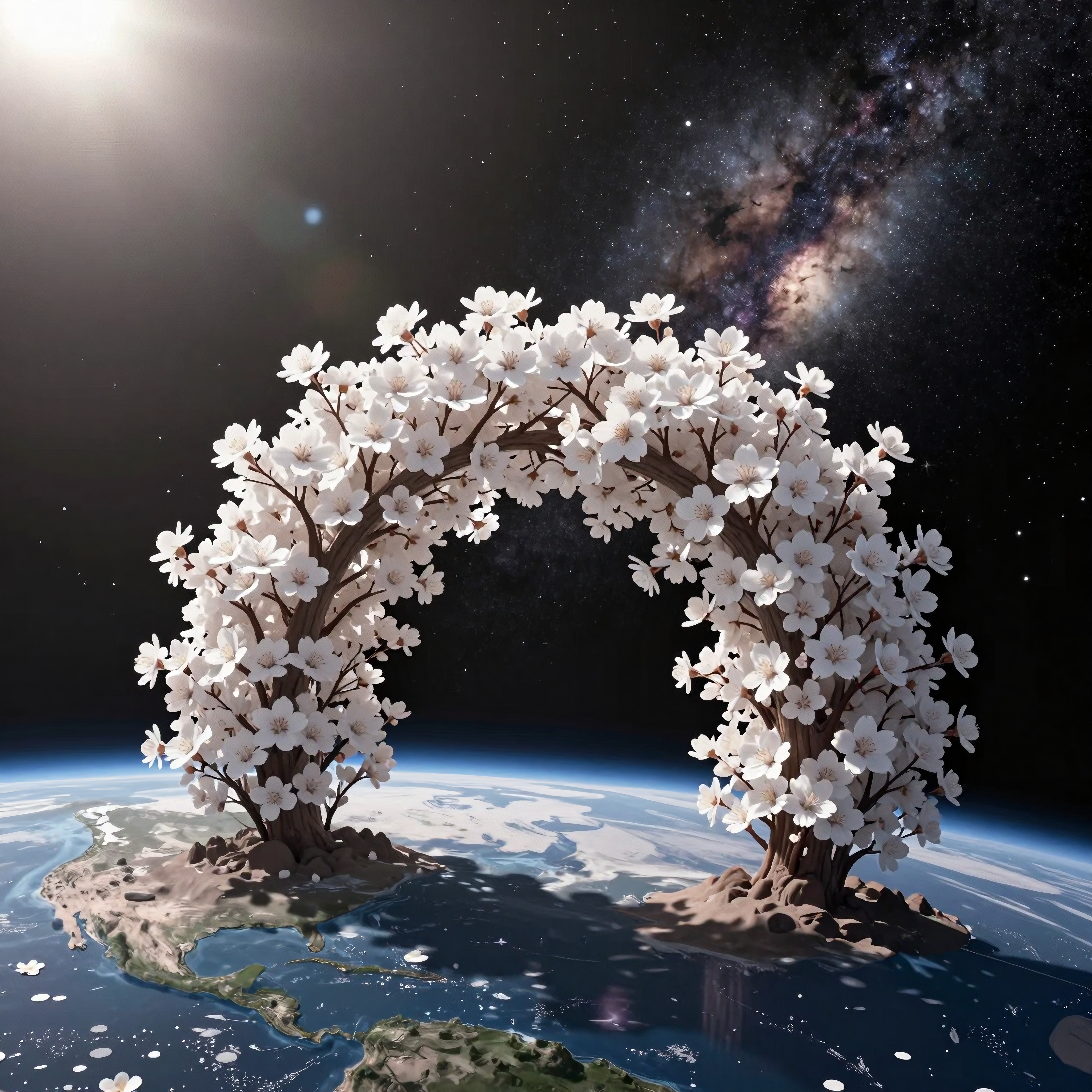 White floral arch over Earth with starry cosmos background.