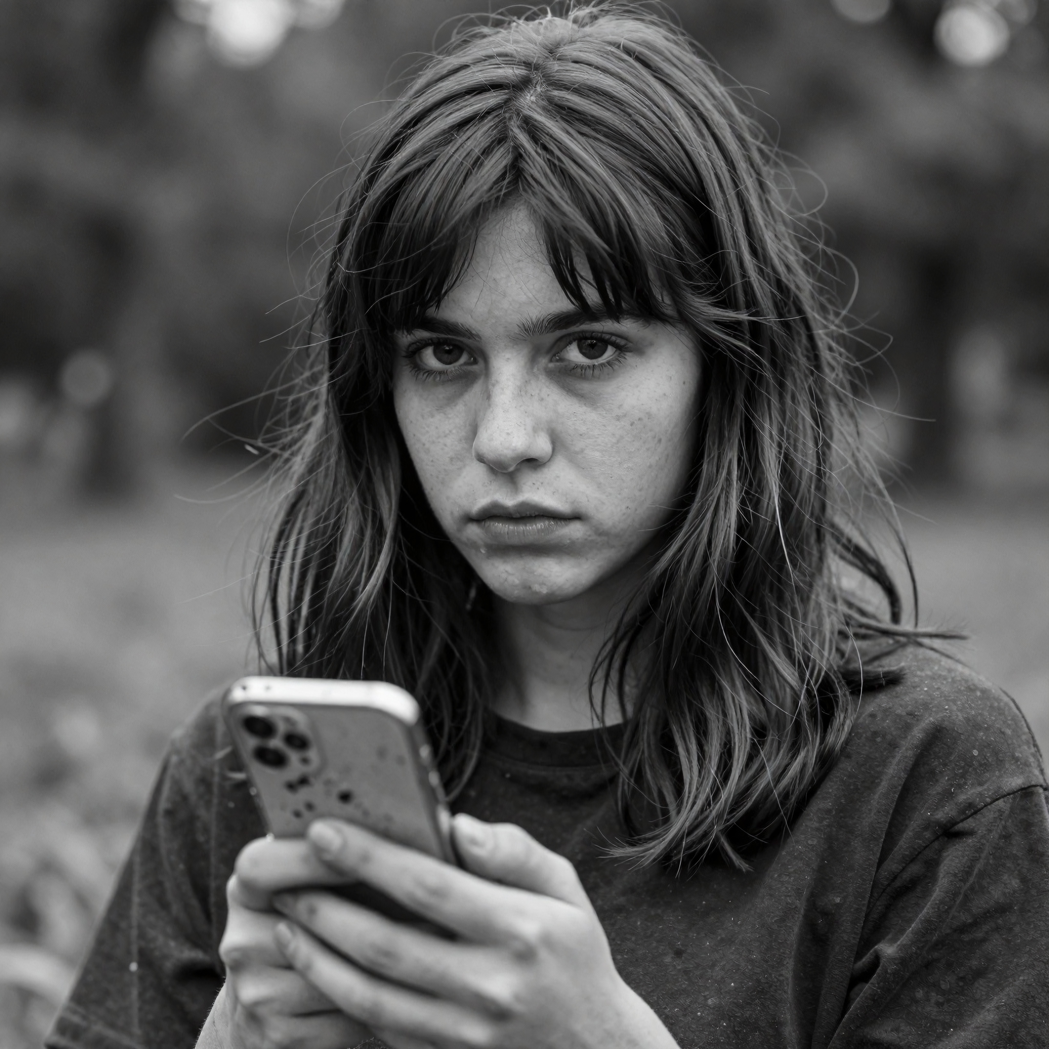 Black and white portrait of a woman holding a smartphone in a park, monochrome photography, outdoor blurred background, freckled face, long hair, casual t-shirt