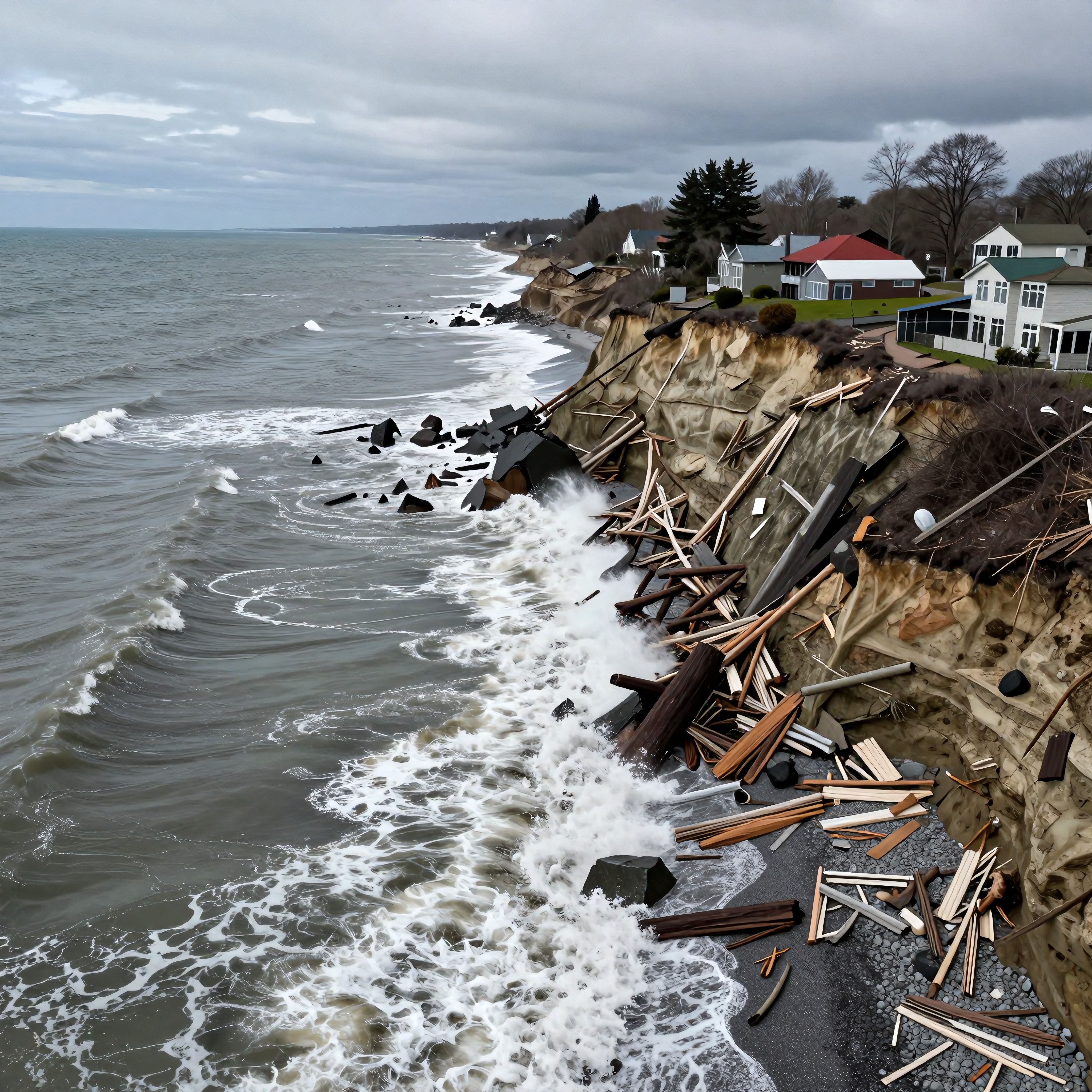 Coastal erosion threatening homes near shoreline.