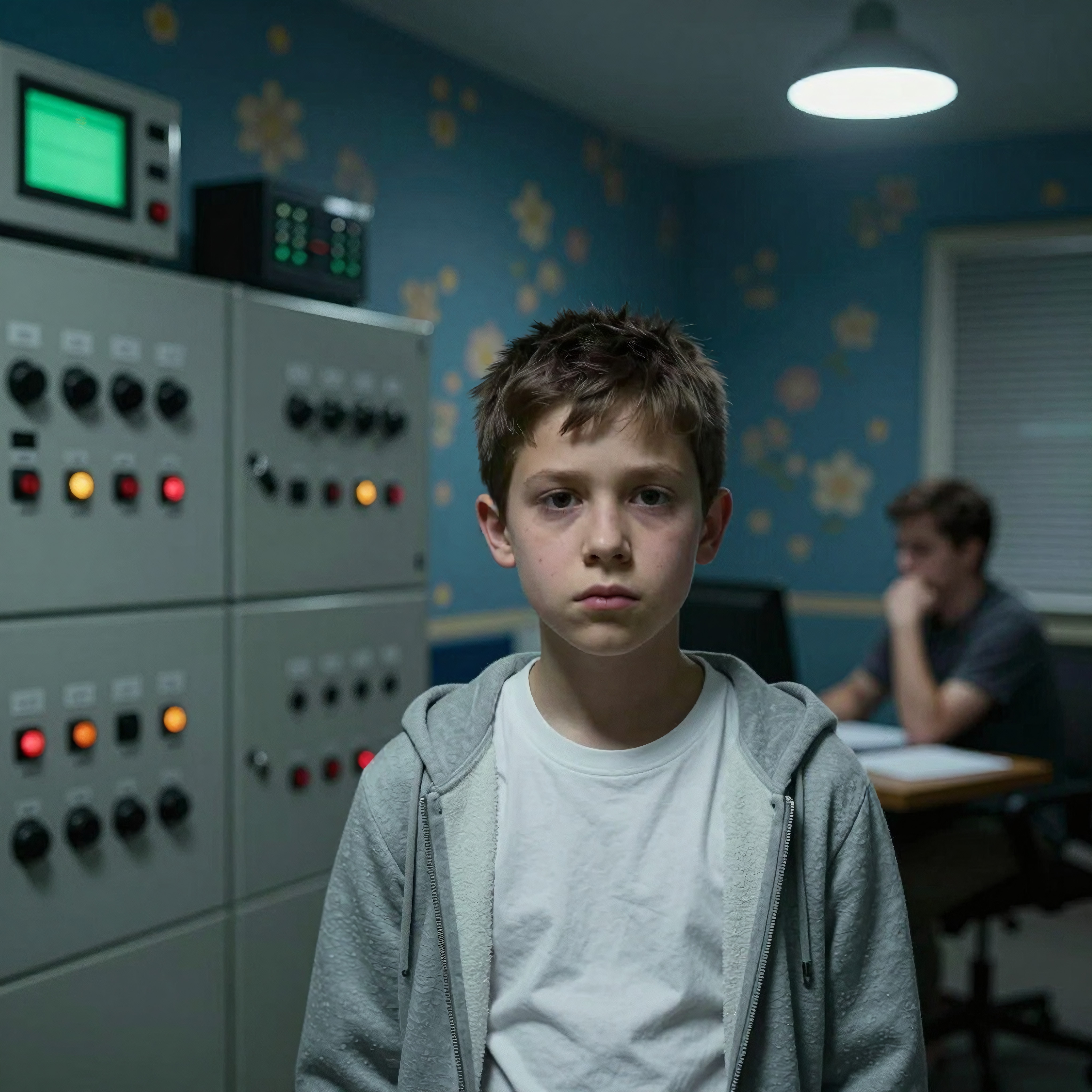 A young boy stands in a control room while a man in the background is focused on paperwork.
