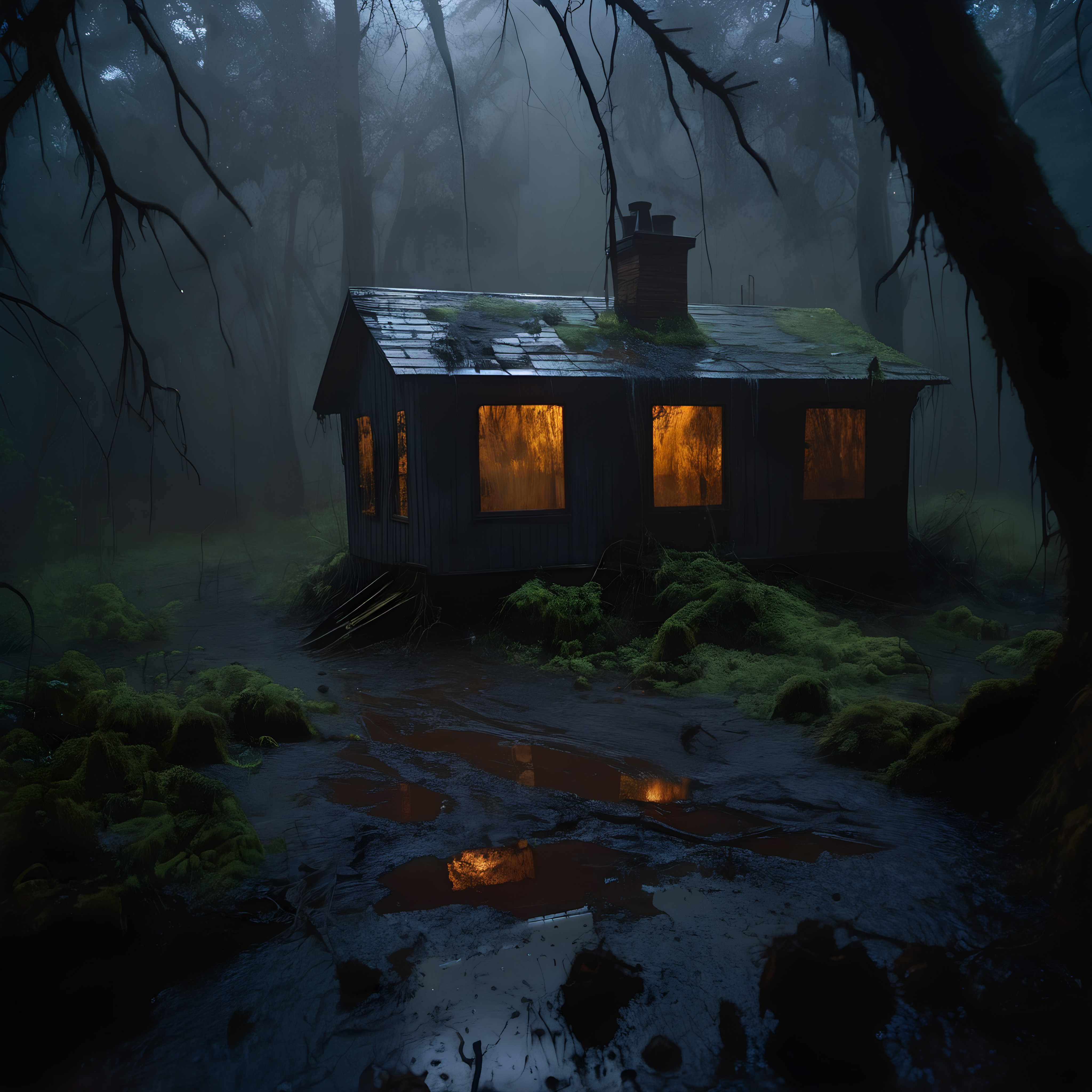 Misty Forest Cabin with Warm Interior Lighting