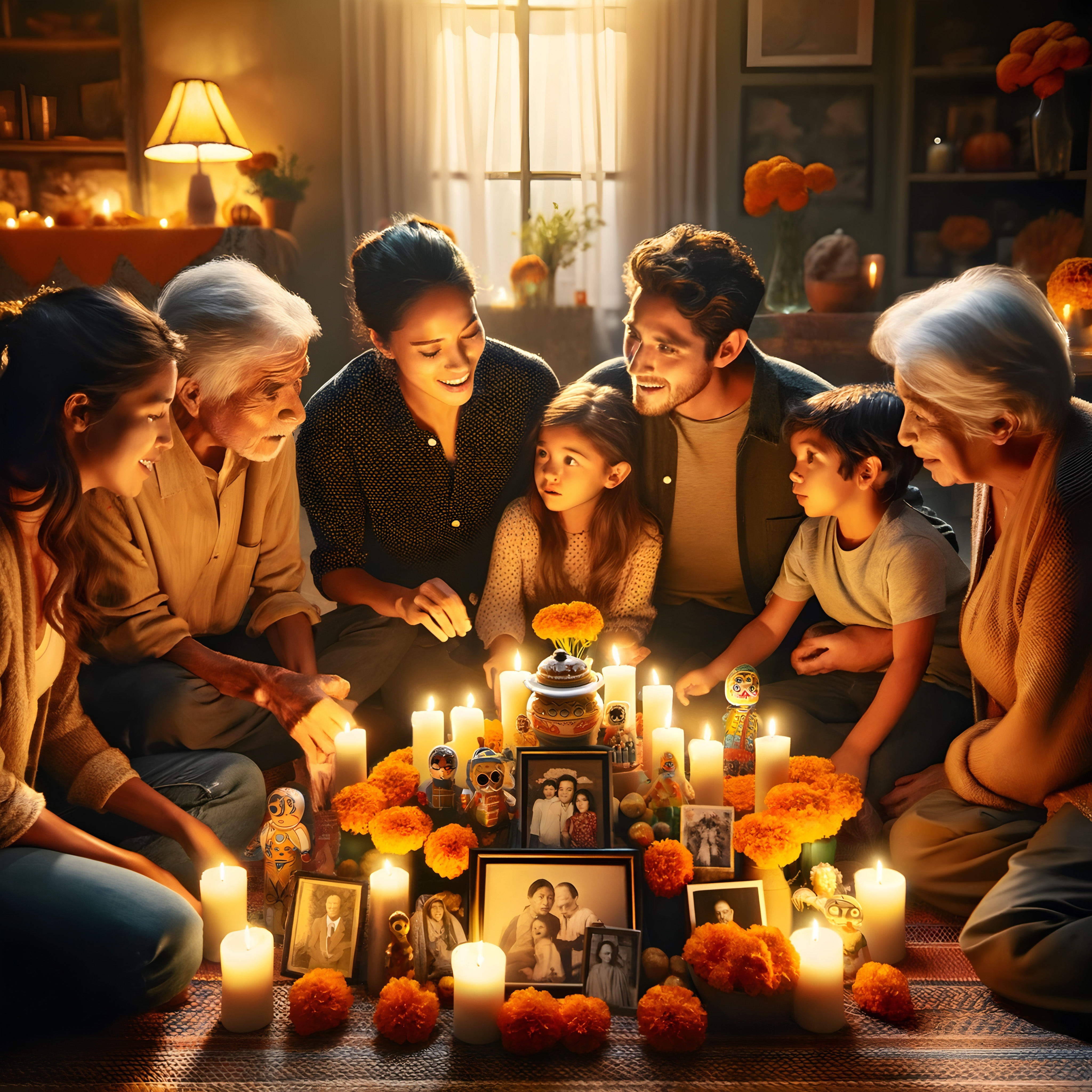 Multi-generational family gathers during Dia De Los Muertos honoring ancestors with candles, photos, and marigold flowers
