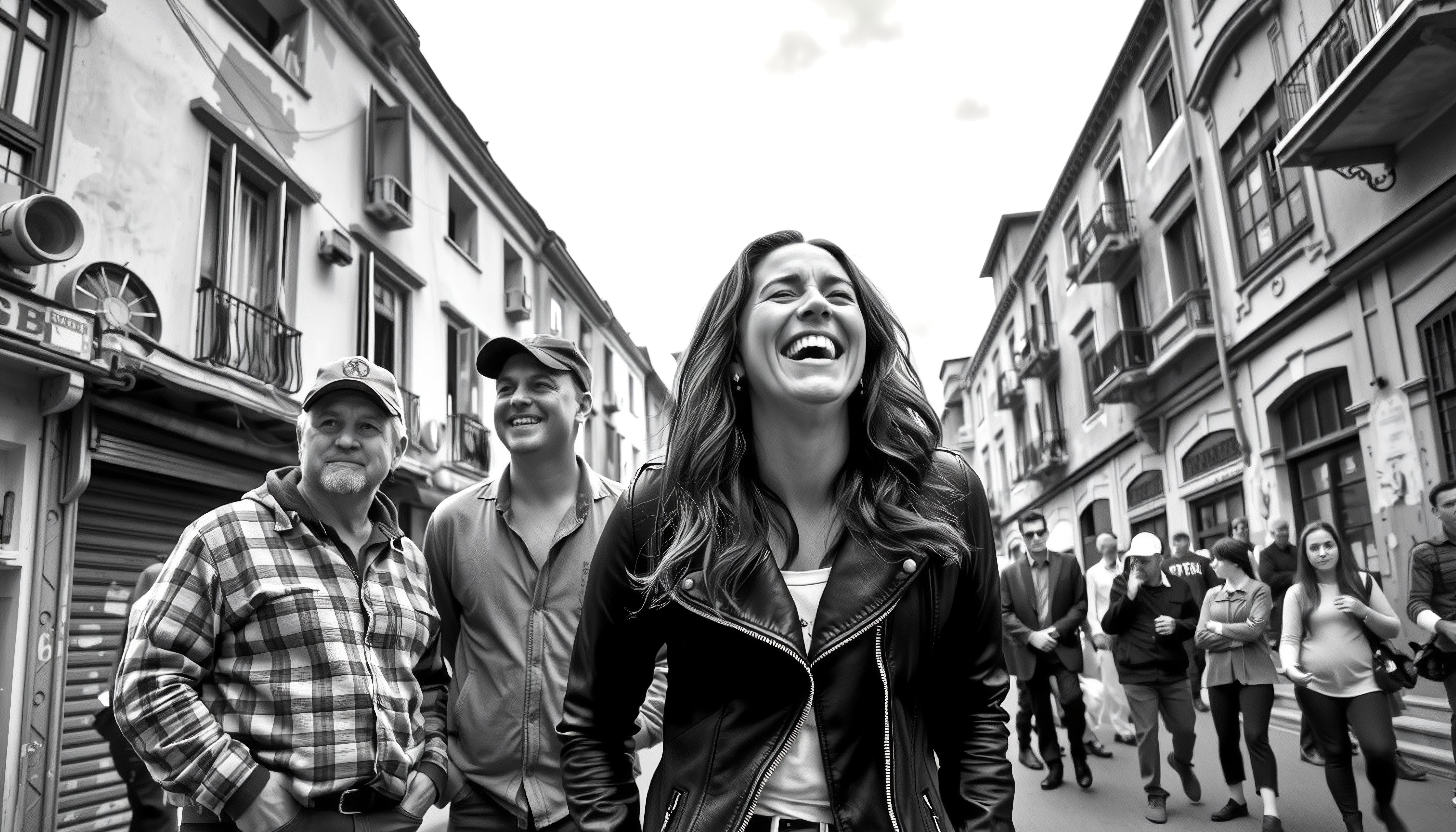 Three people laughing on street.