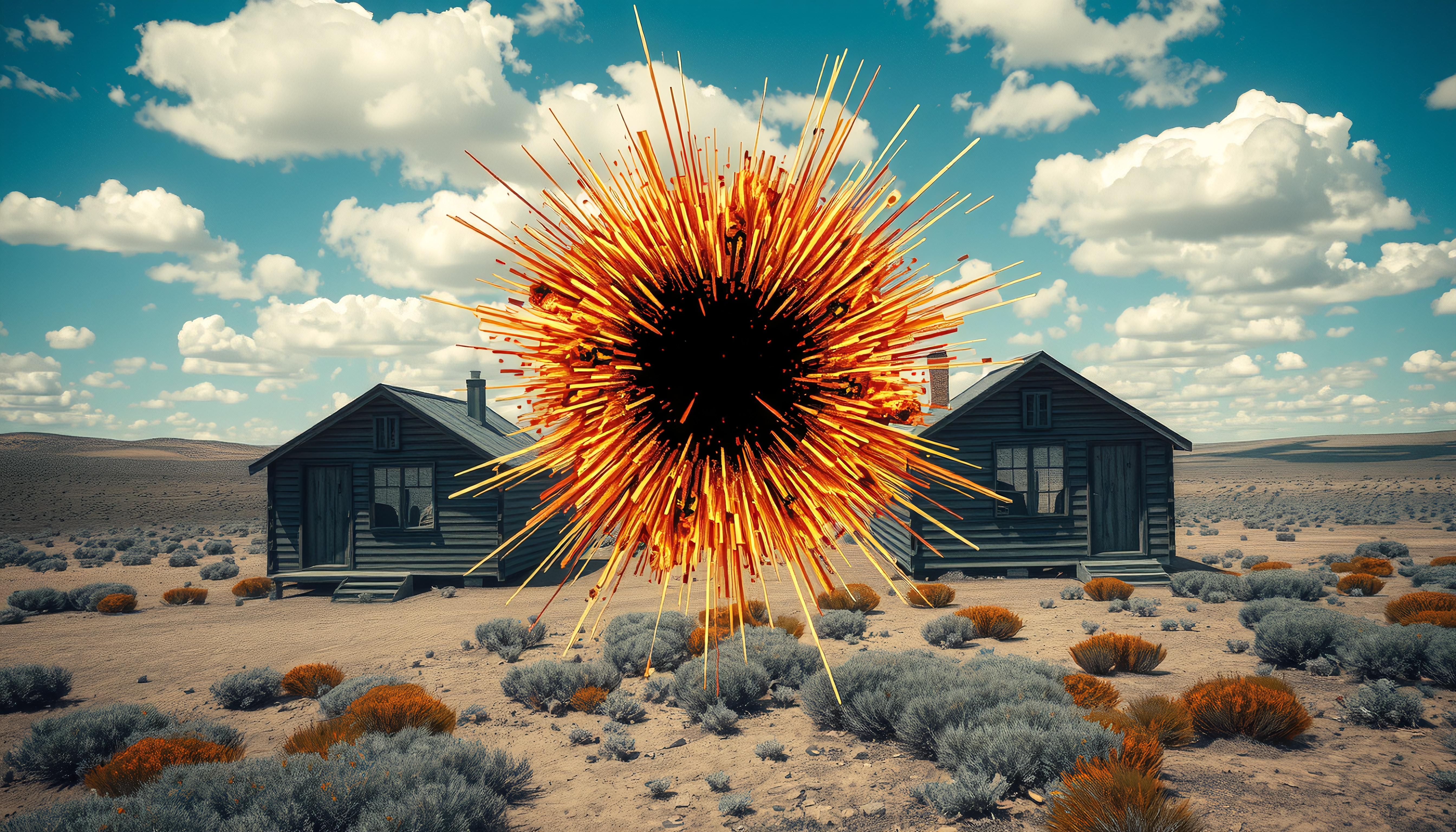 Explosive graphic above rustic cabins in a desert landscape.