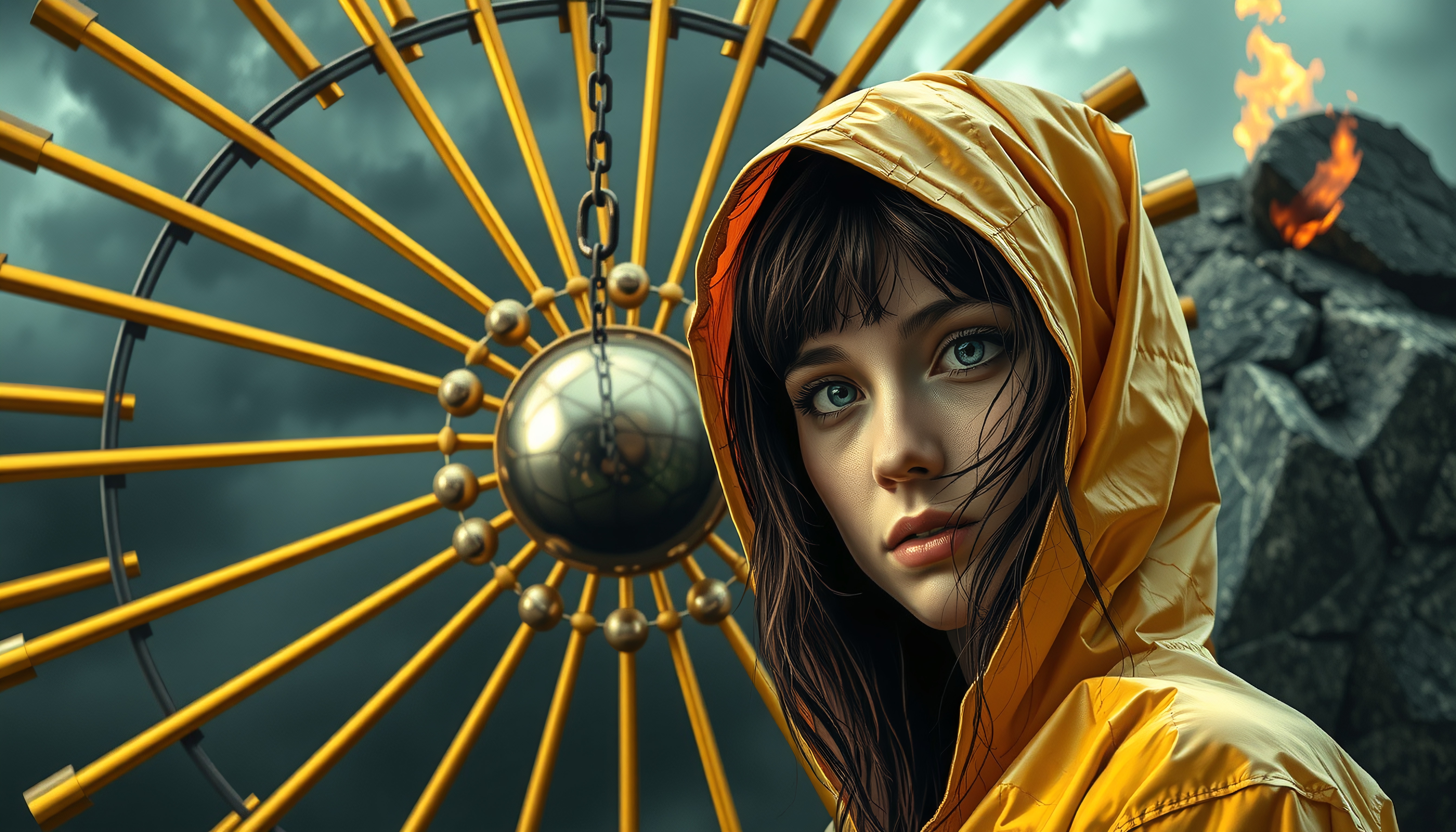 Young woman in yellow raincoat stands before a dramatic, machine-like structure against a dark, stormy sky, evoking mystery.