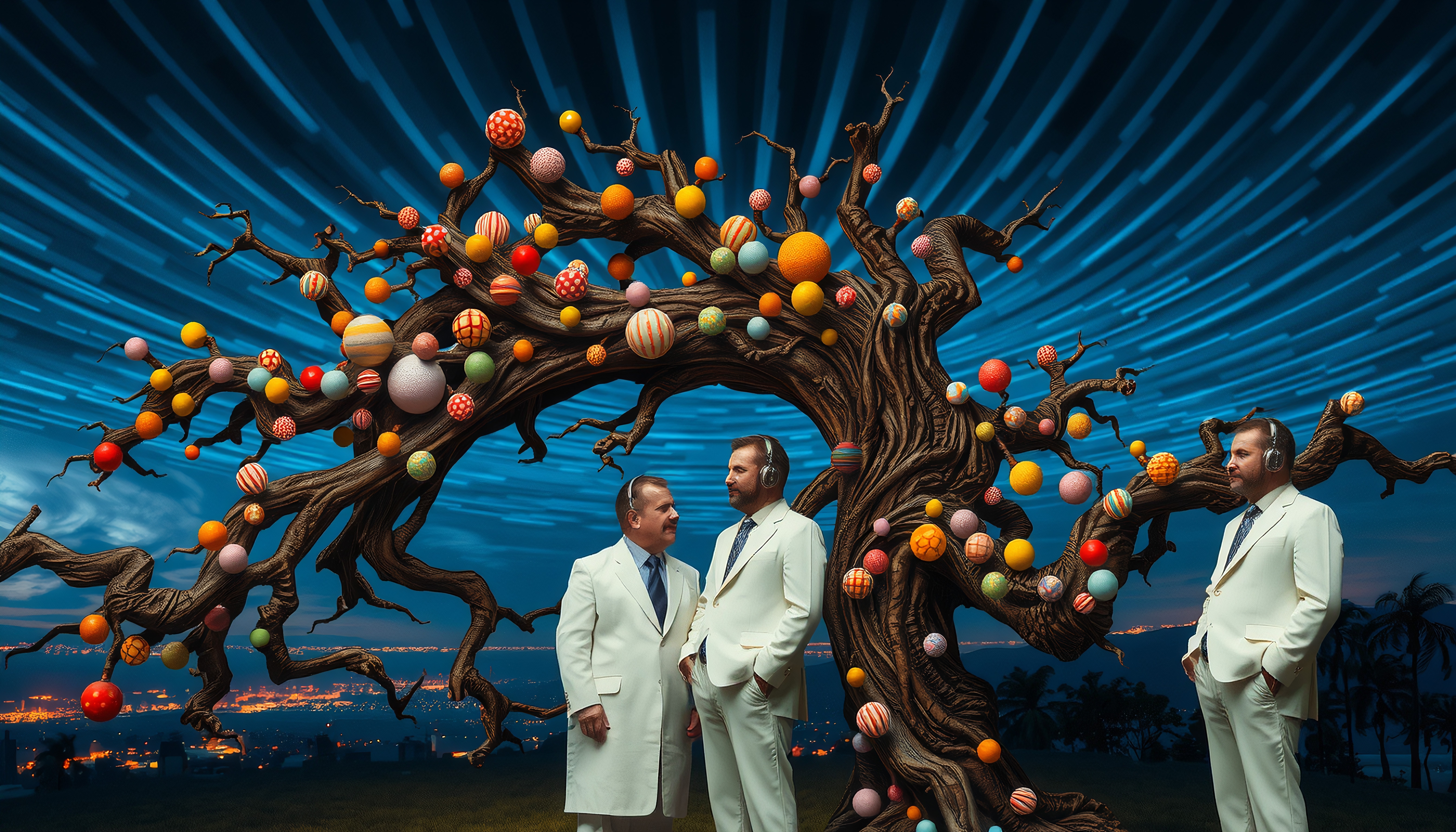 Surreal scene with three men in white suits under a tree with colorful spherical ornaments and a dynamic night sky background.