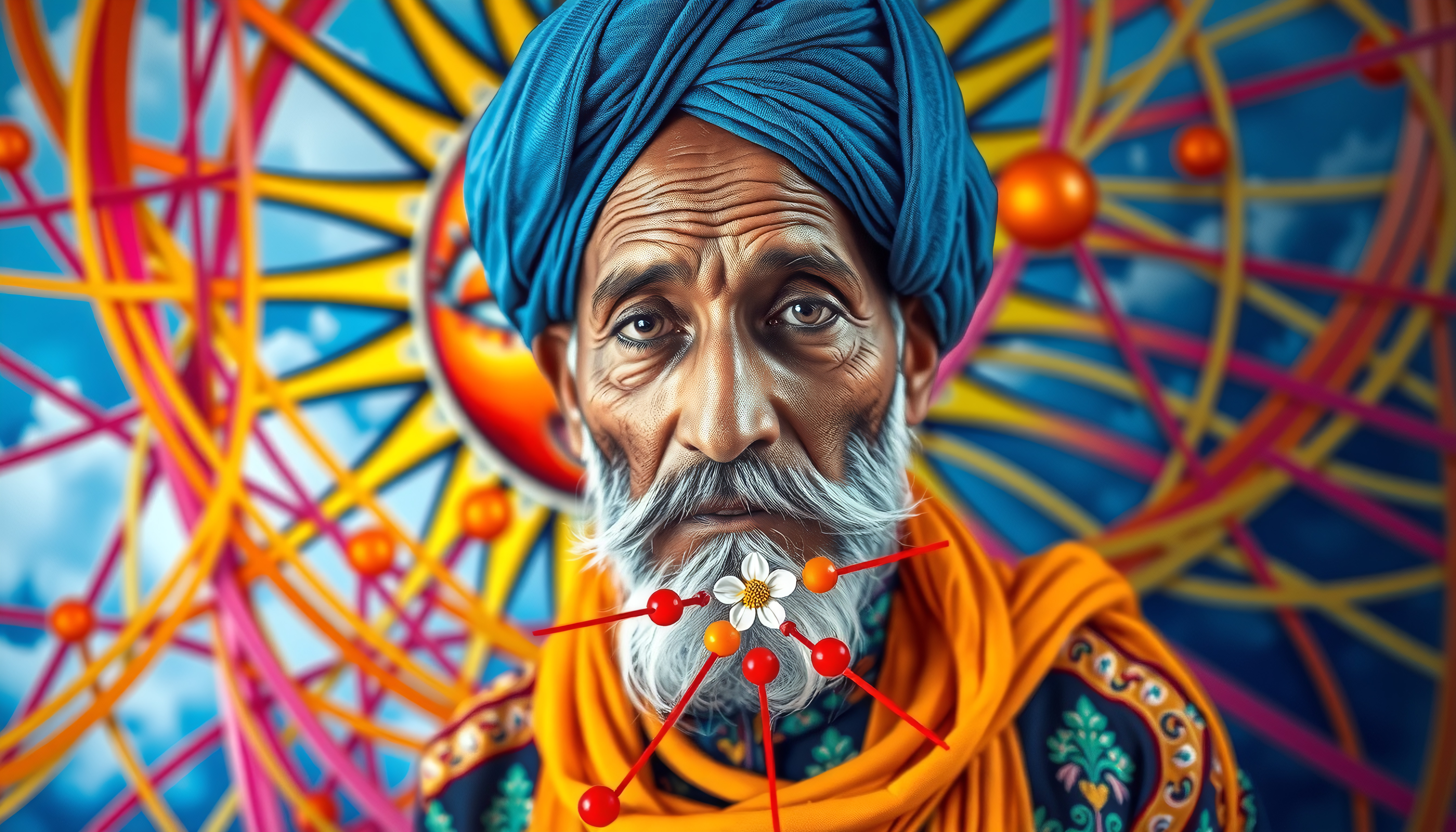 An orange scarf drapes over the shoulders, harmonizing with the vibrant backdrop of a geometric mandala featuring interwoven yellow, pink, and blue lines.