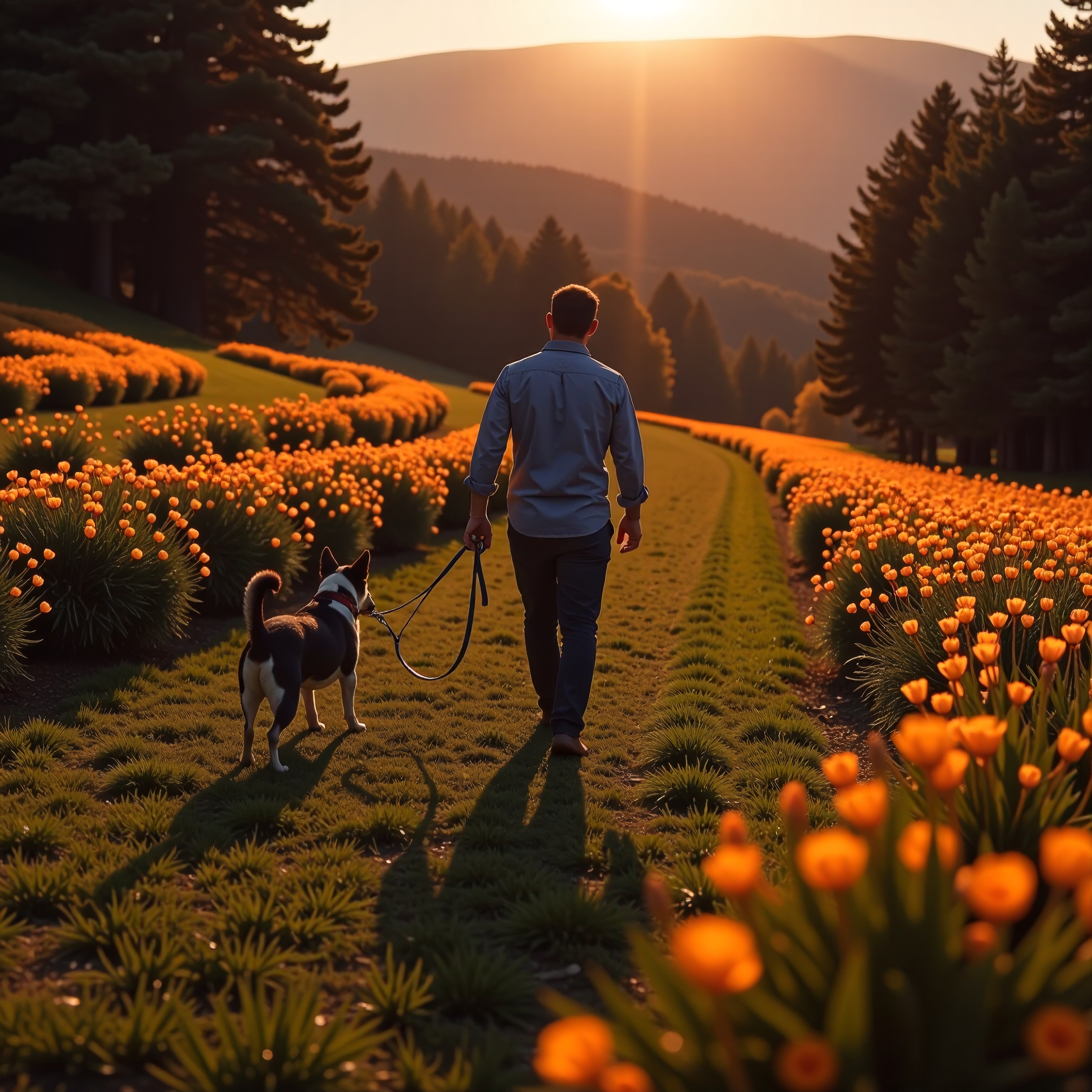 A person walking a dog during a sunset, surrounded by vibrant orange flowers and towering pine trees.