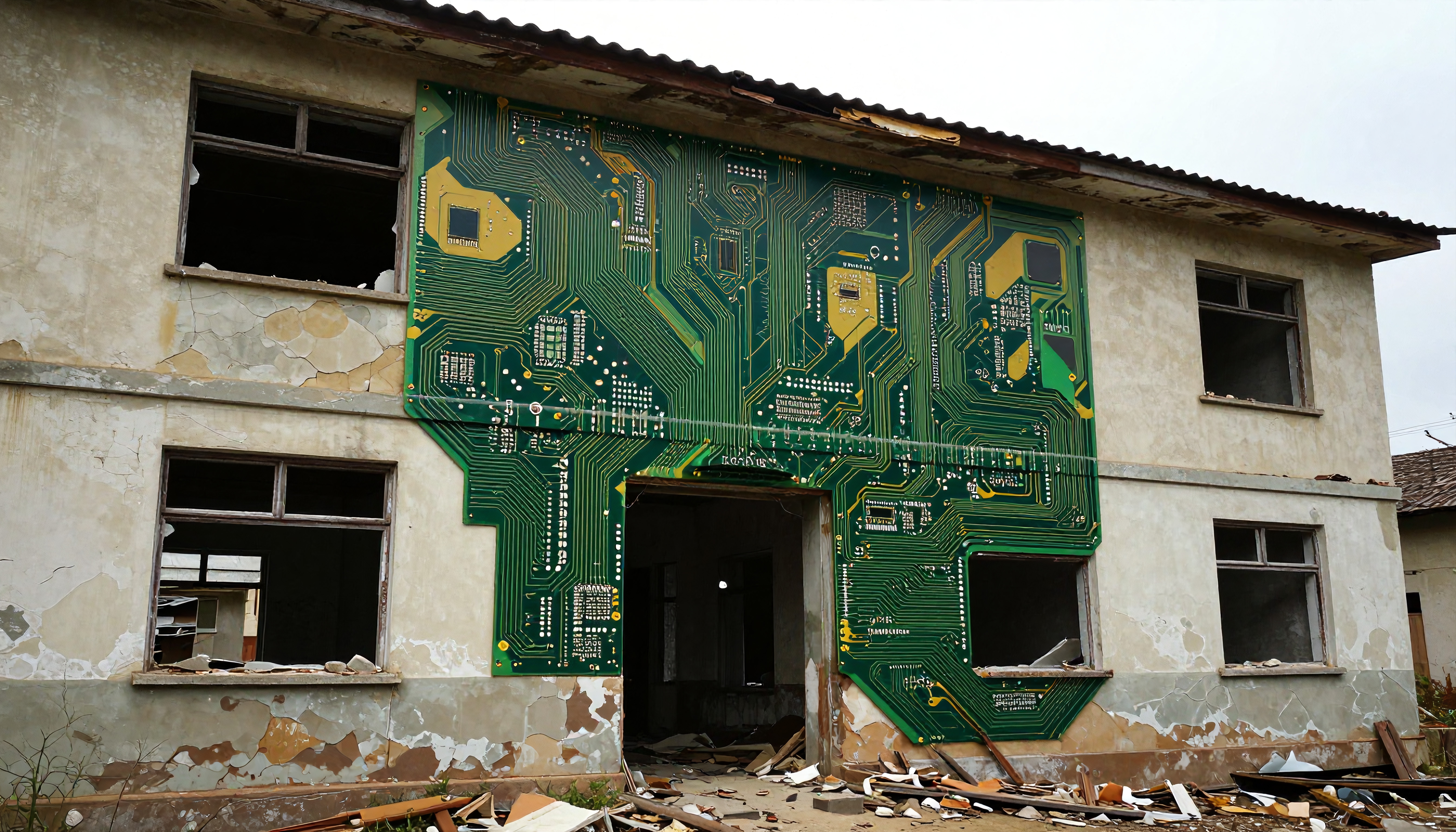 A building with a facade featuring a circuit board design amidst ruins.