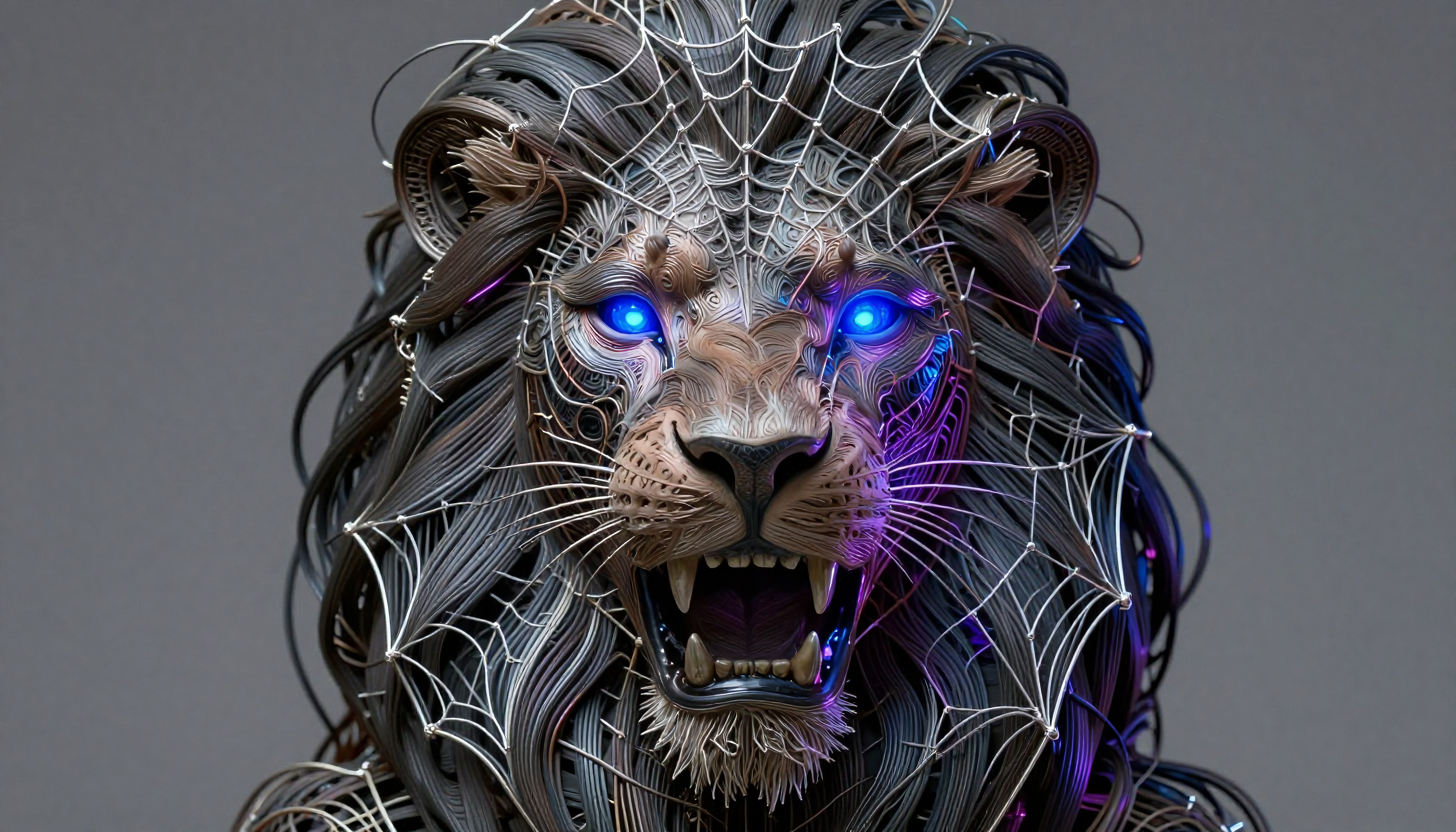 Futuristic cybernetic lion head art, intricate wireframe 3D digital rendering with glowing blue eyes and neon accents, modern digital art design