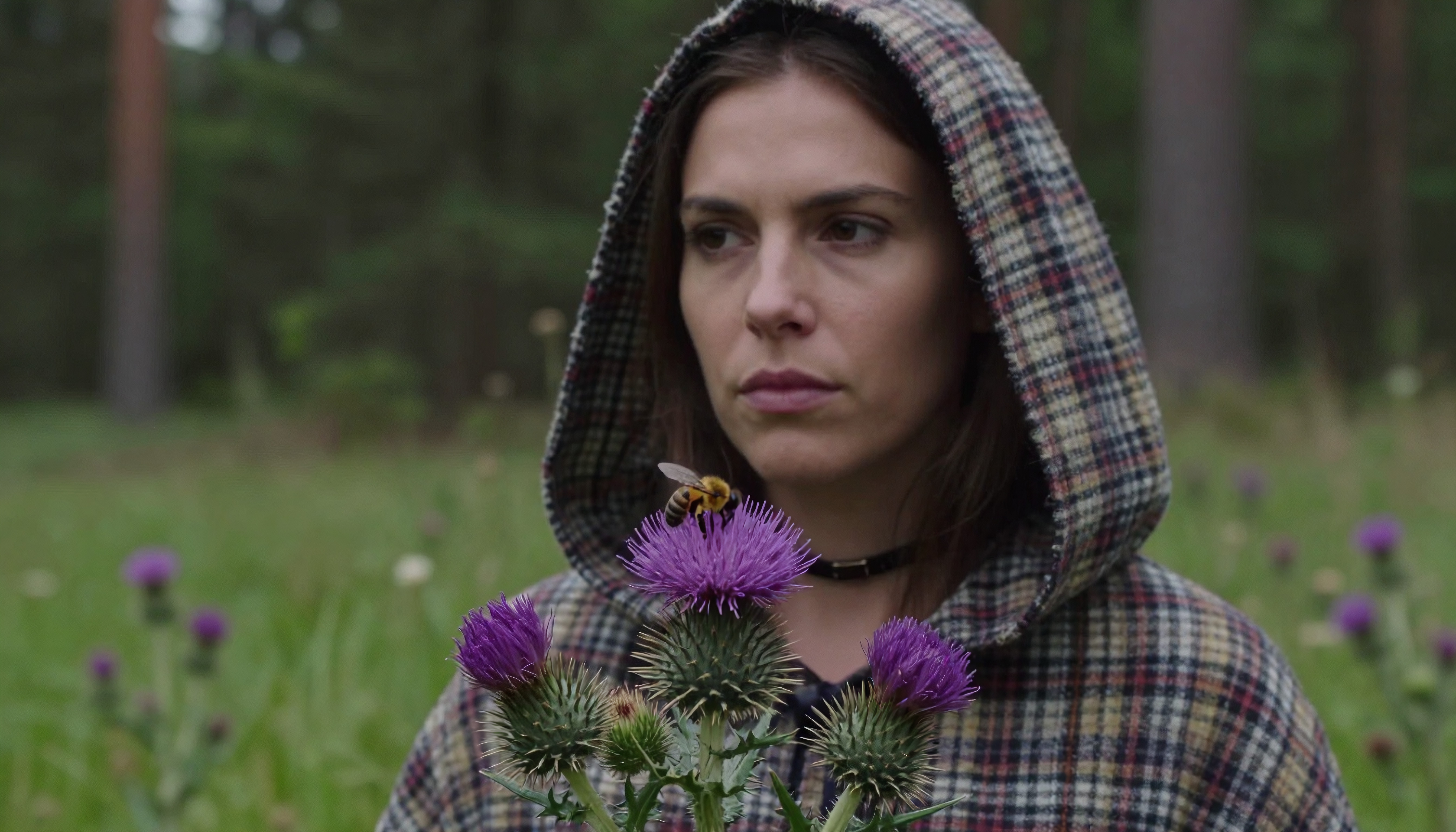 A contemplative woman in a hooded coat stands in a green field with a bee on a purple thistle flower.