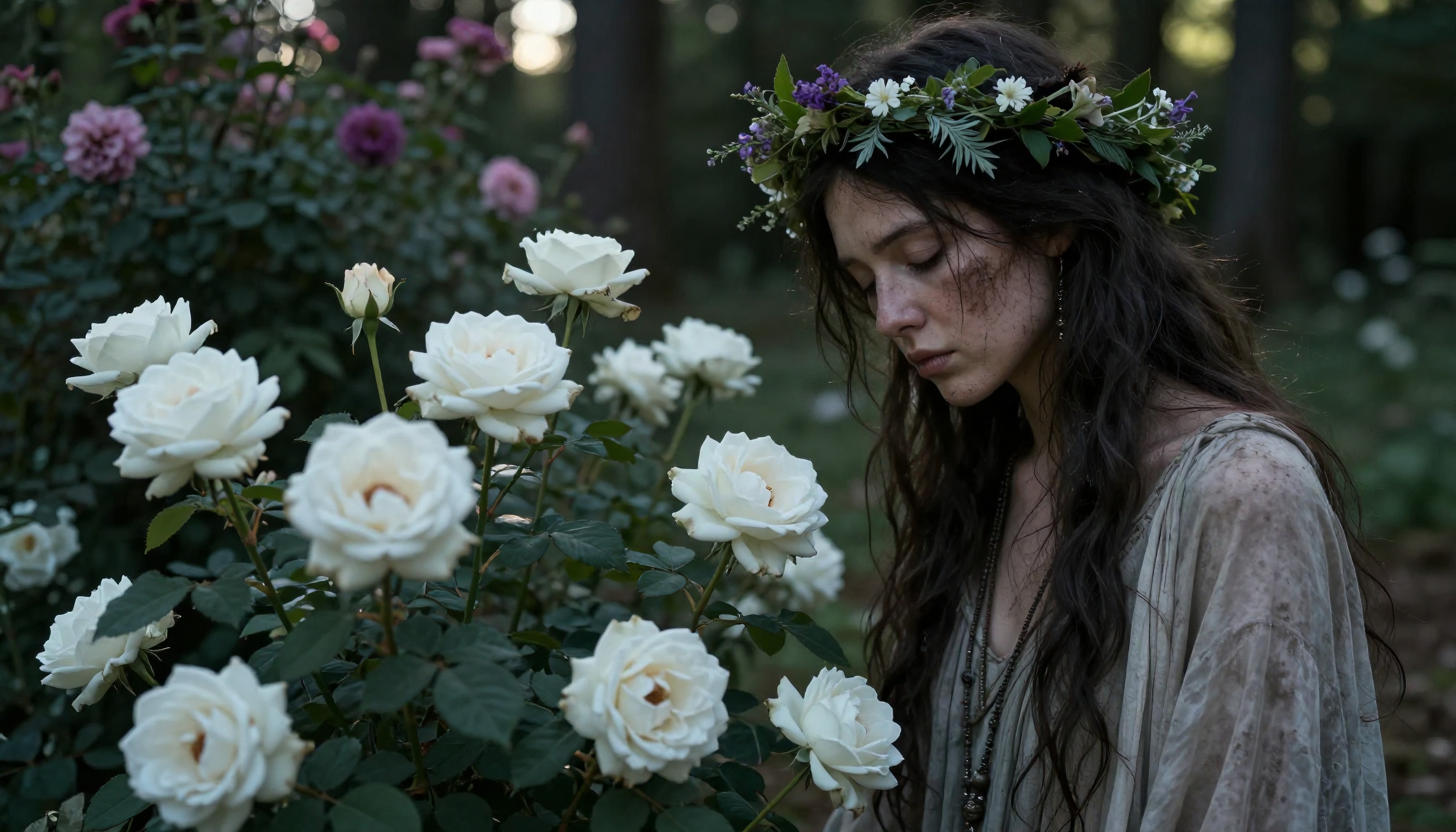 A woman with flower crown in a rose garden.
