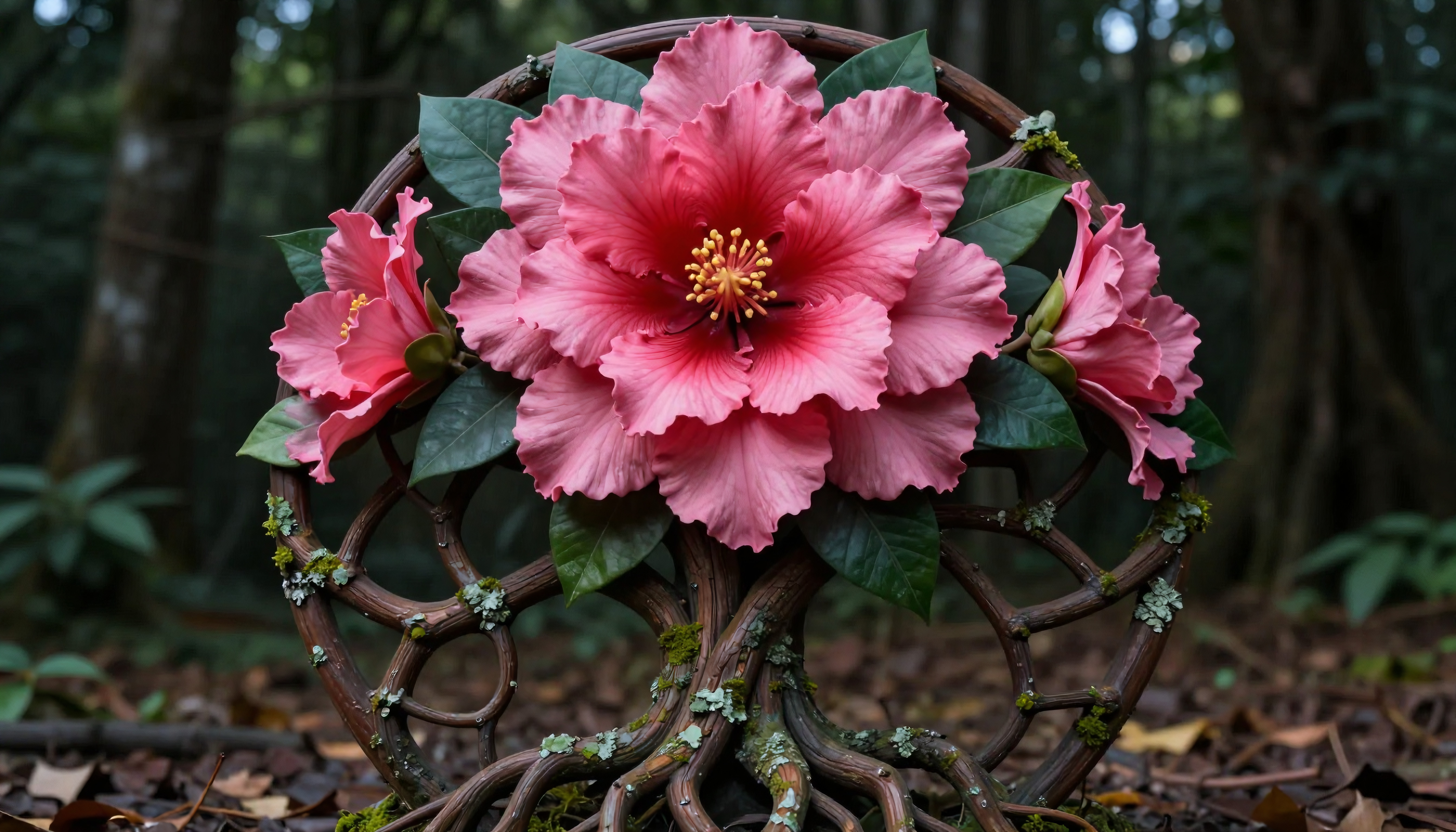 Pink Hibiscus Floral Arrangement in Wooden Circle Frame with For