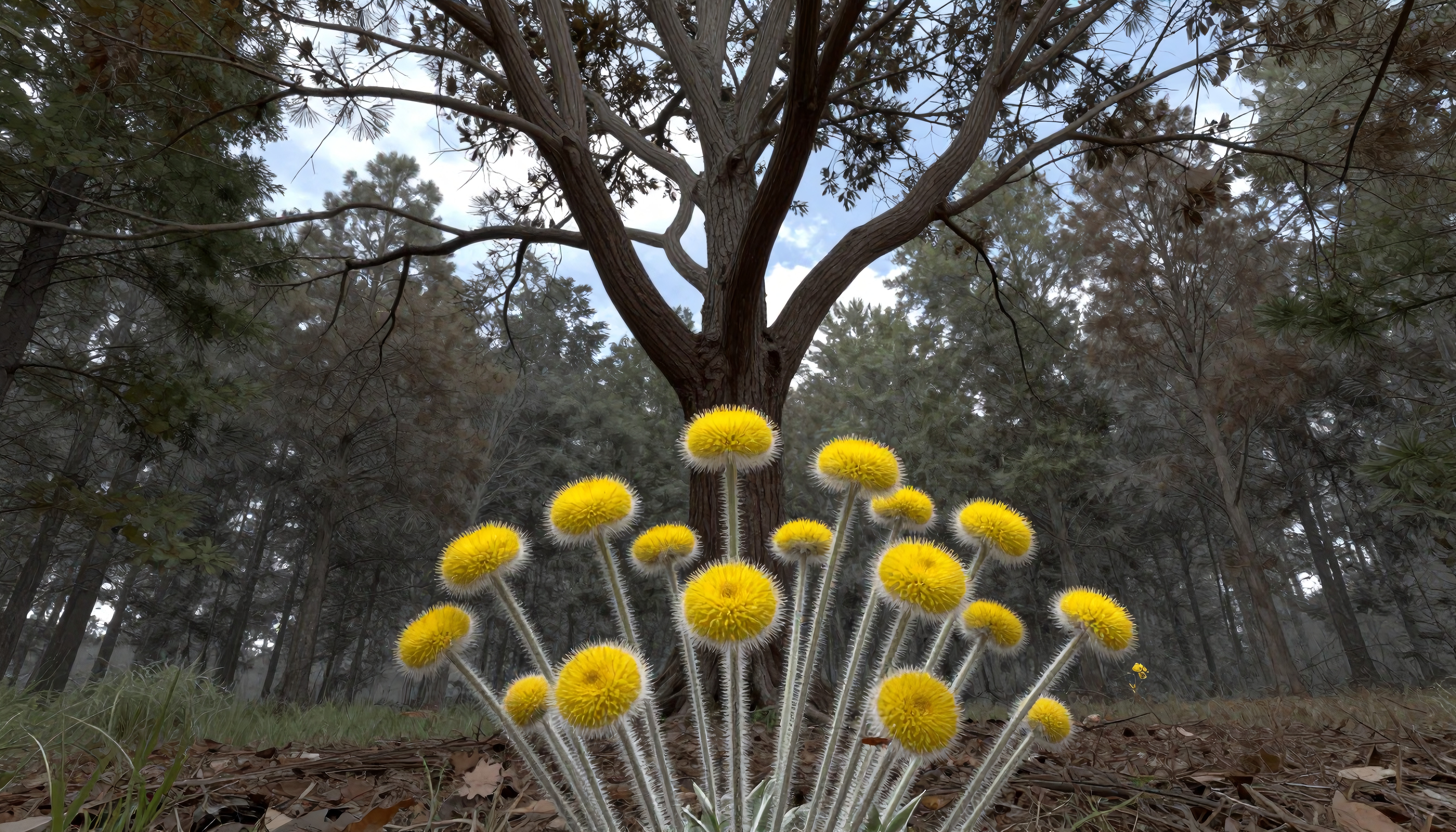 Image showing vibrant yellow flowers with round heads in a serene forest setting, framed by tall trees and dappled sunlight.